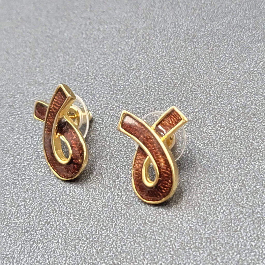 Vintage Pierced Earrings Gold tone Brown Enamel Ribbon Swish Studs 3/4"