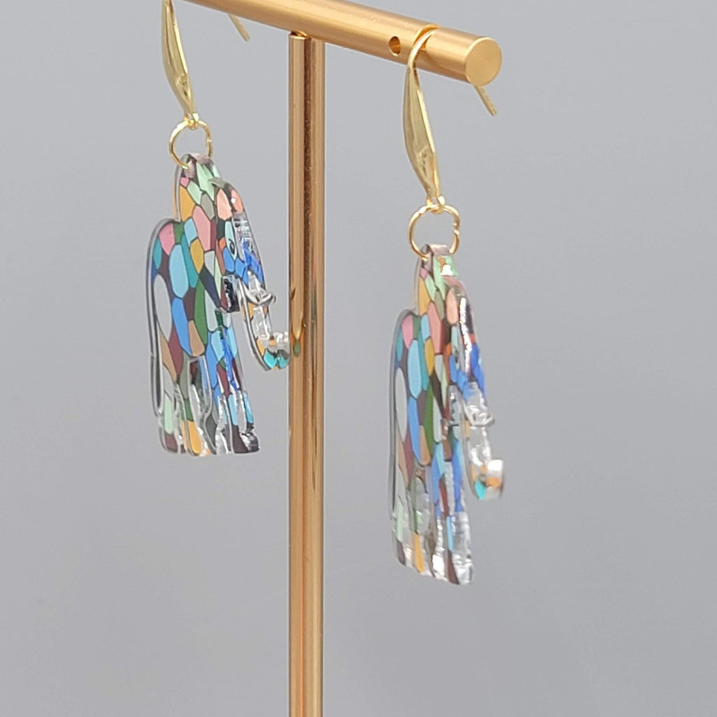 Multicolor Mosiac Elephant Pierced Earrings Acrylic Dangle Gold tone Hook 1 3/8"