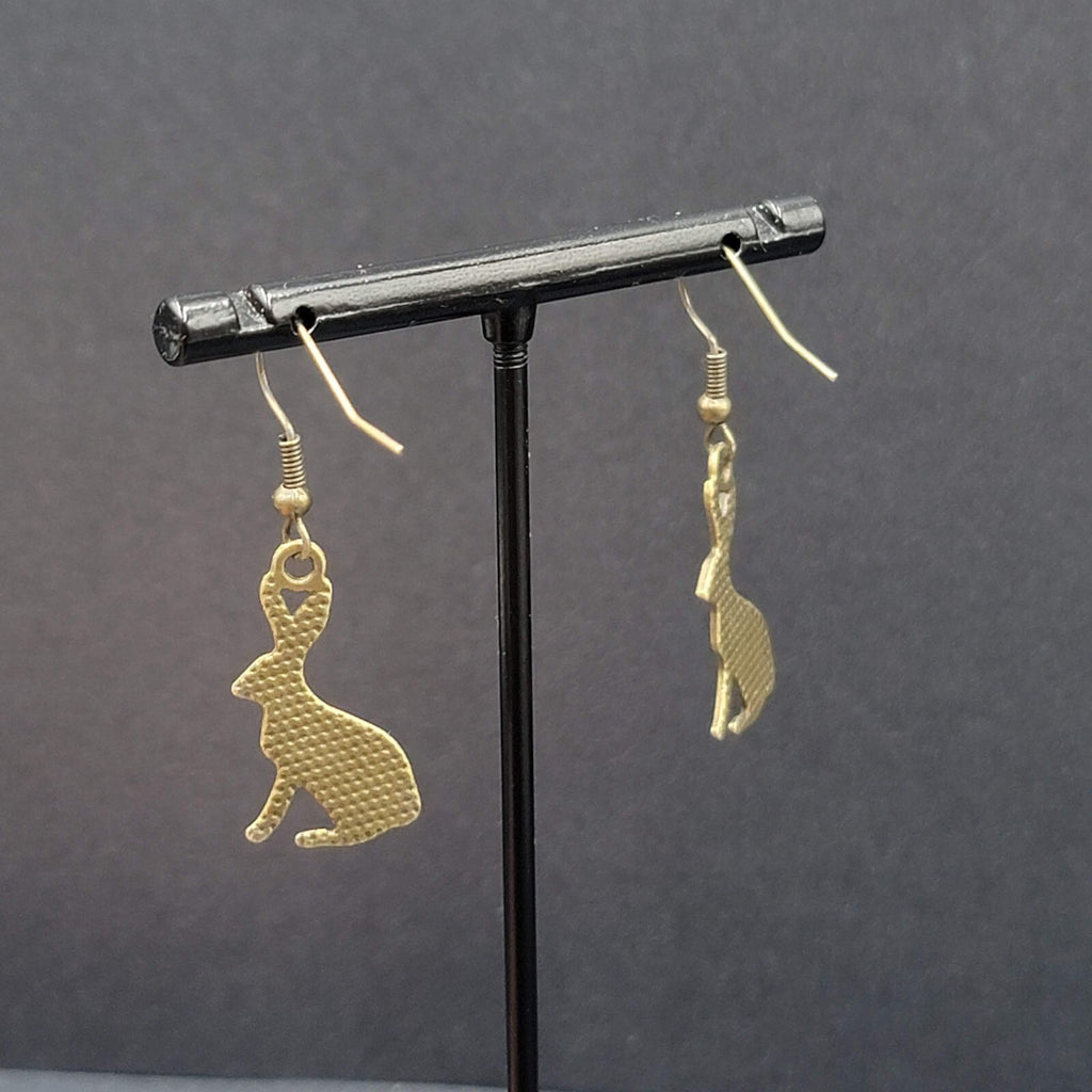 New BUNNY RABBIT Pierced Earrings Bronze tone Dangle Embossed 1"