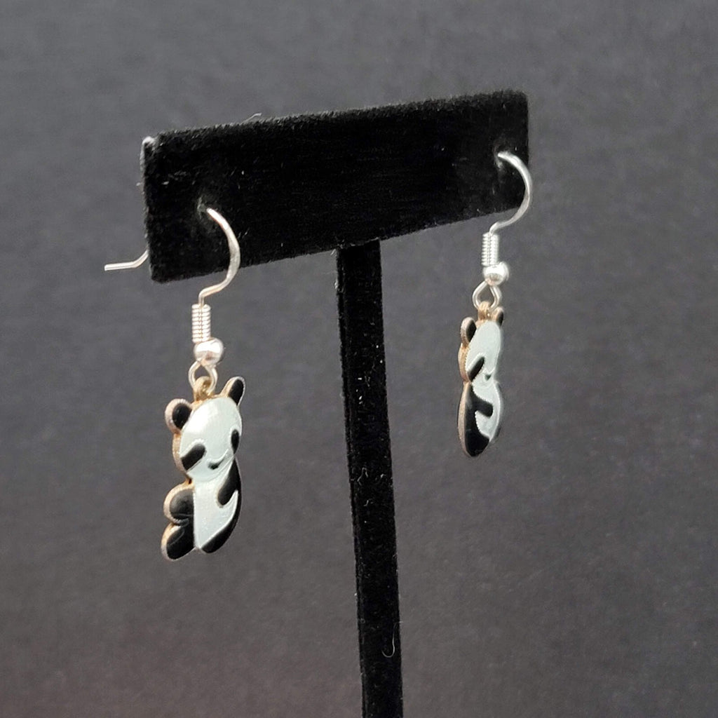Panda Sterling Silver Pierced Earrings Enamel Dangle 3/4"