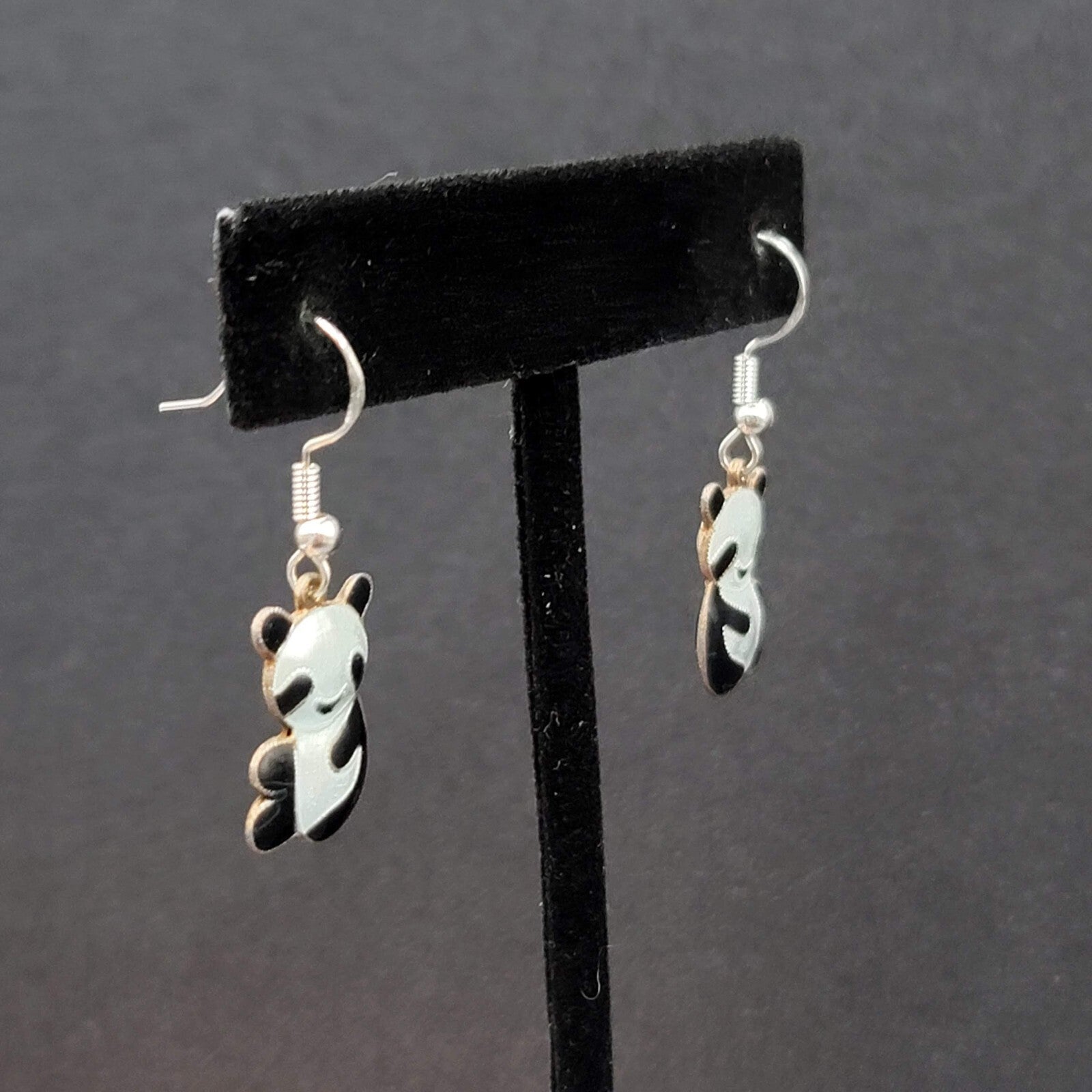 Panda Sterling Silver Pierced Earrings Enamel Dangle 3/4"