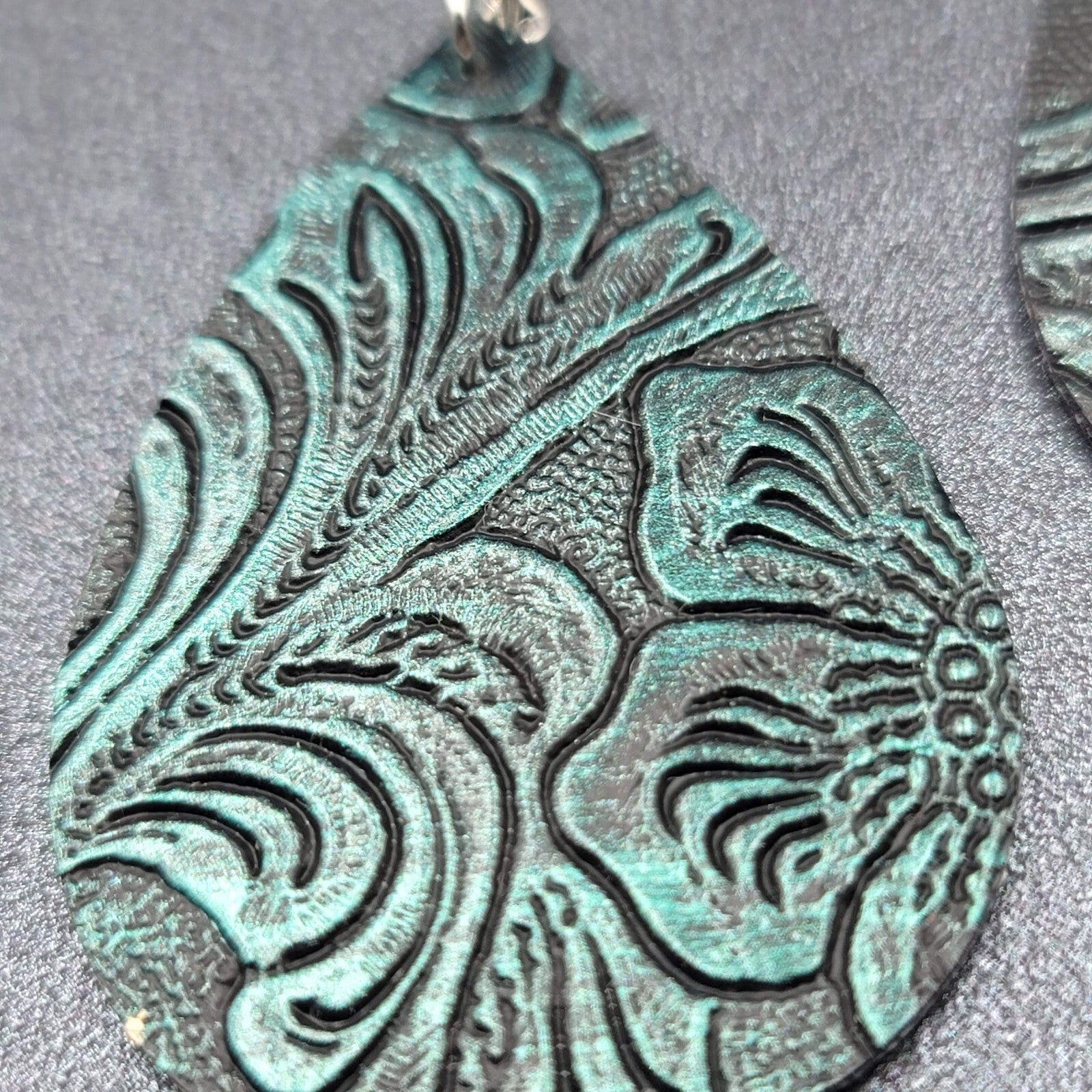 Lot of 3 Pierced Earrings Faux Tooled Leather Gold Green Blue 2.25"