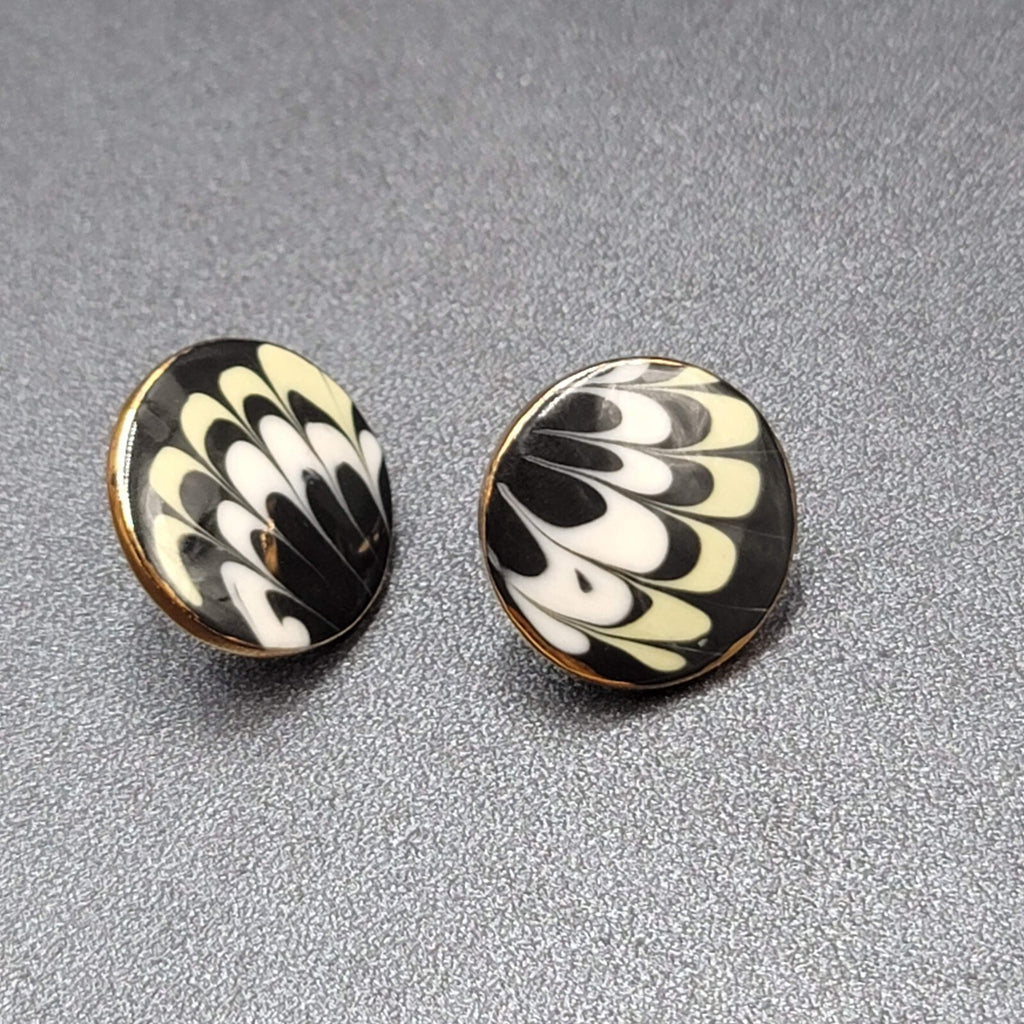 Vintage Pierced Earrings Hand Painted Ceramic Round Studs 7/8"