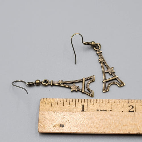 Eiffel Tower Pierced Earrings Bronze tone Stars Dangle NEW 1 1/8"