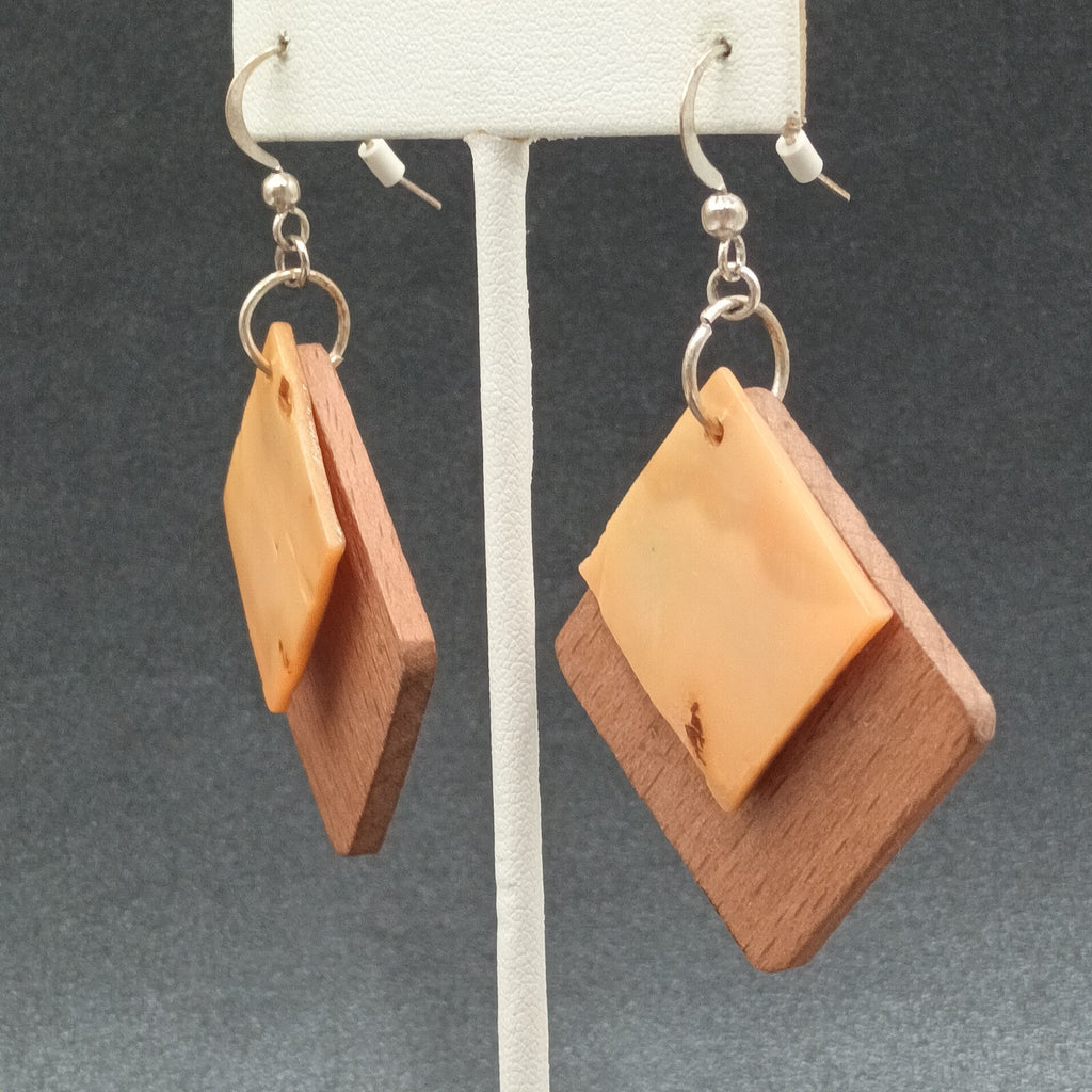 Pierced Earrings Wood Shell Square Geometric Silver tone Hook Dangle 1 3/4"