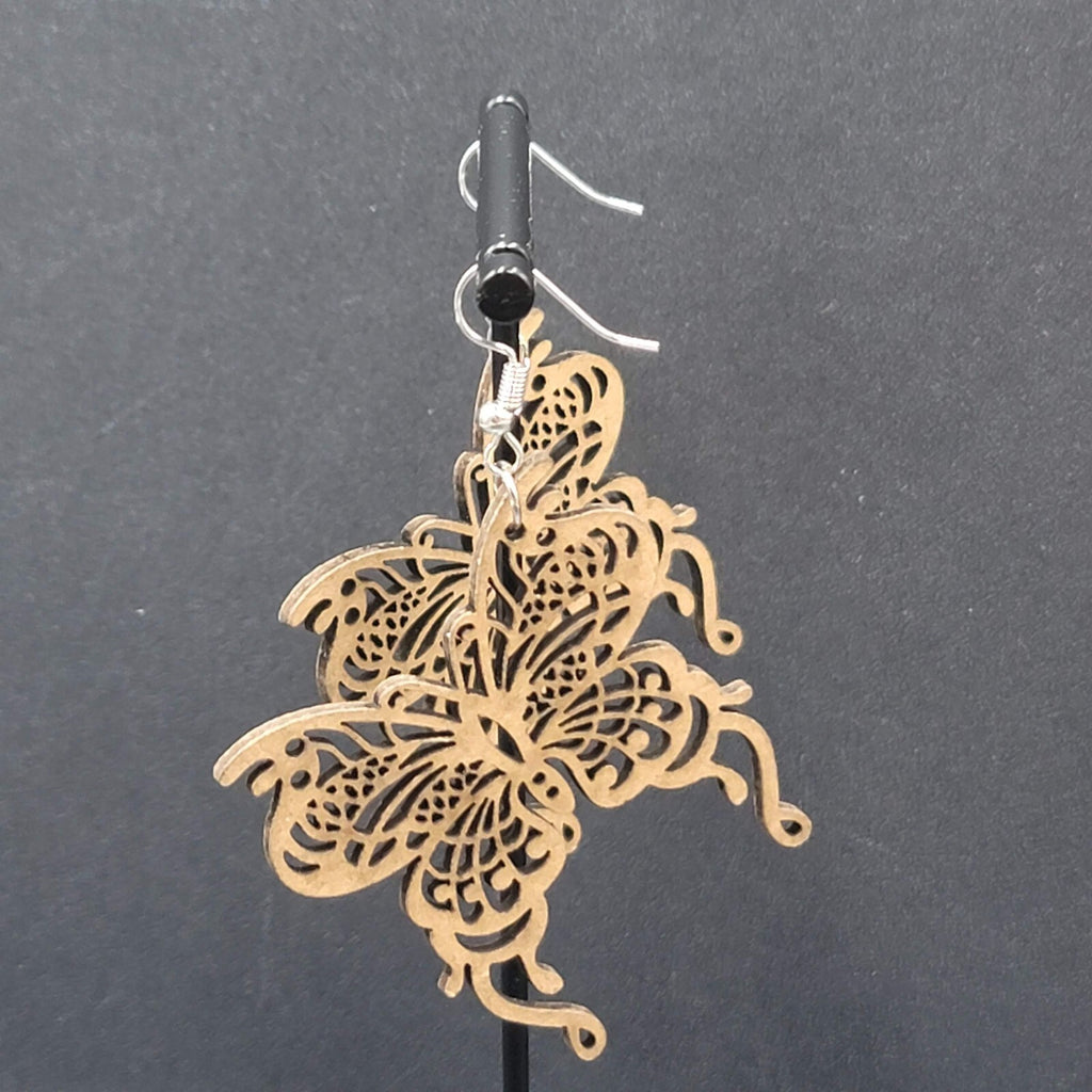 Butterfly Pierced Earrings Laser Cut Wood Dangle Statement 1.75"