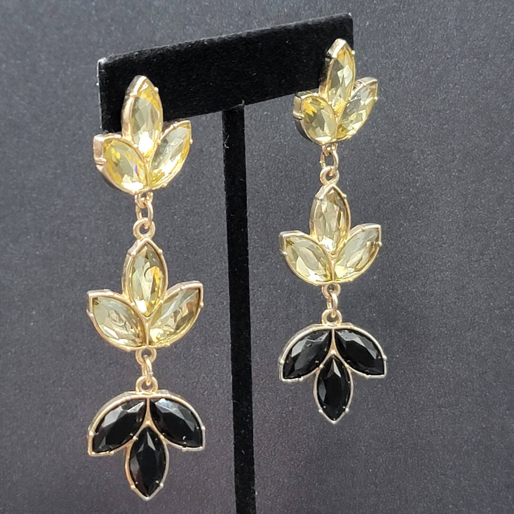 Pierced Earrings Gold tone Statement Rhinestone Long Dangle 3.25"