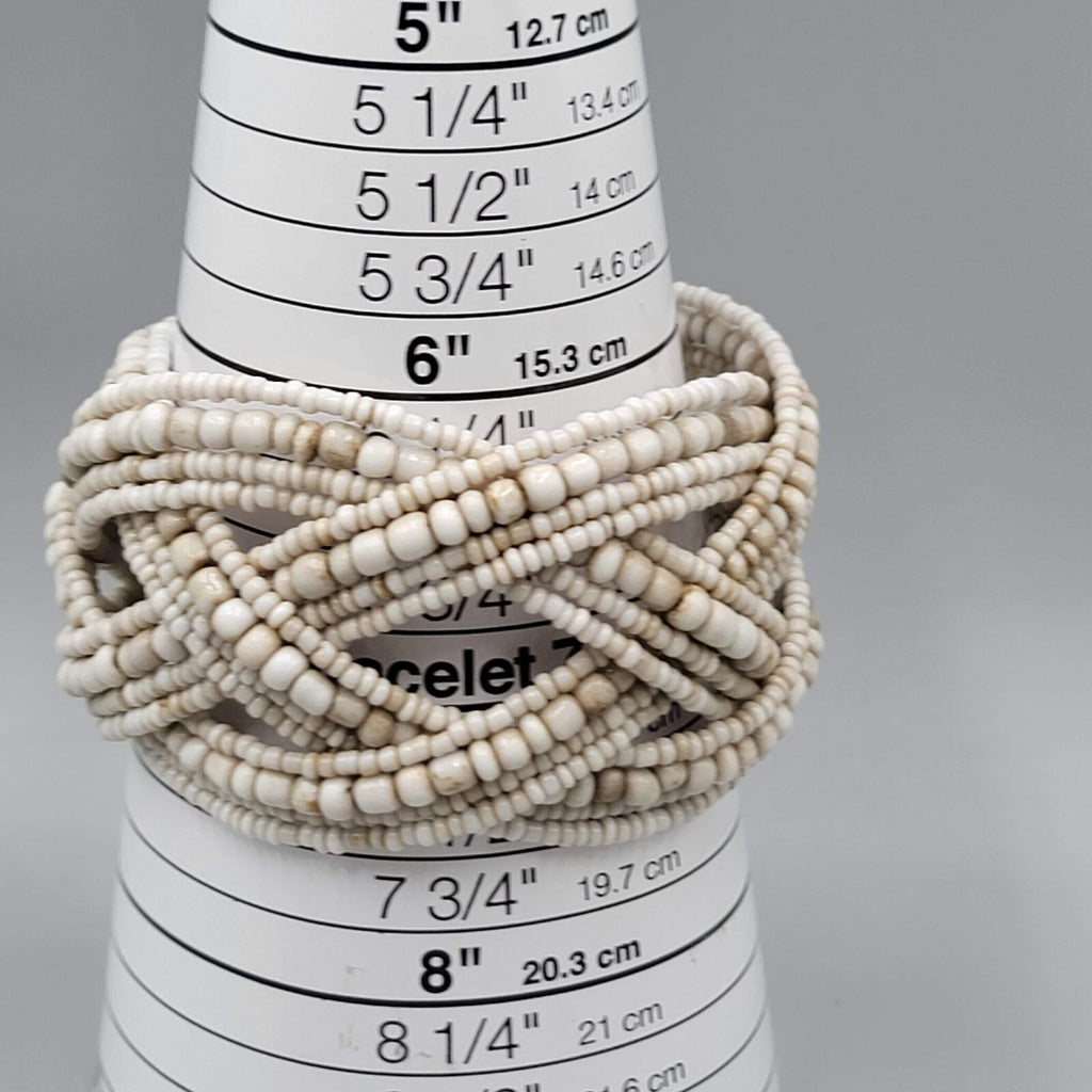 Vintage Cuff Bracelet White Beige Seed Bead Woven 7"+