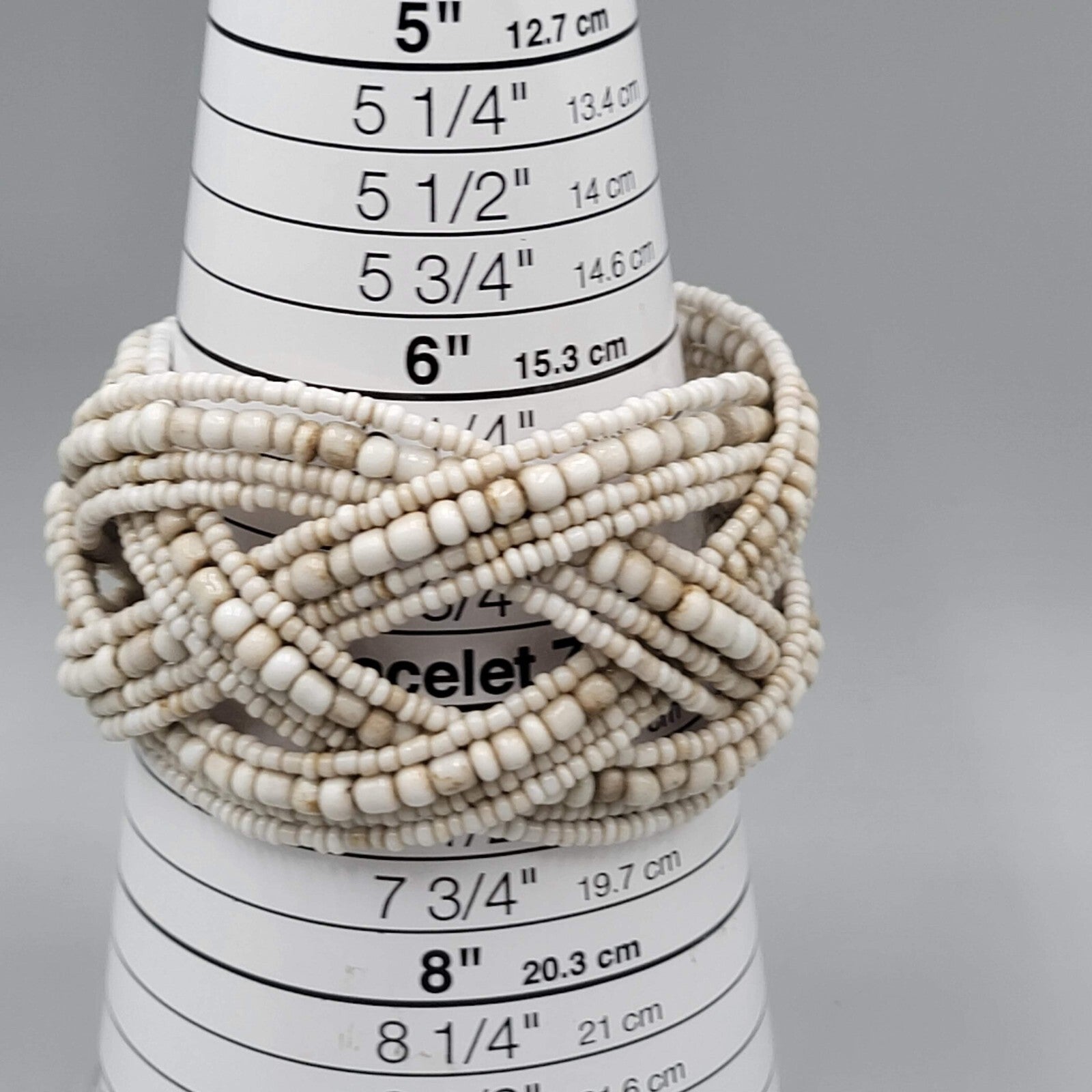 Vintage Cuff Bracelet White Beige Seed Bead Woven 7"+