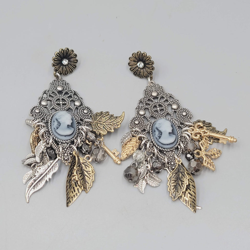 Statement Cameo Charm Pierced Earrings Tri-tone Dangle 3.75"