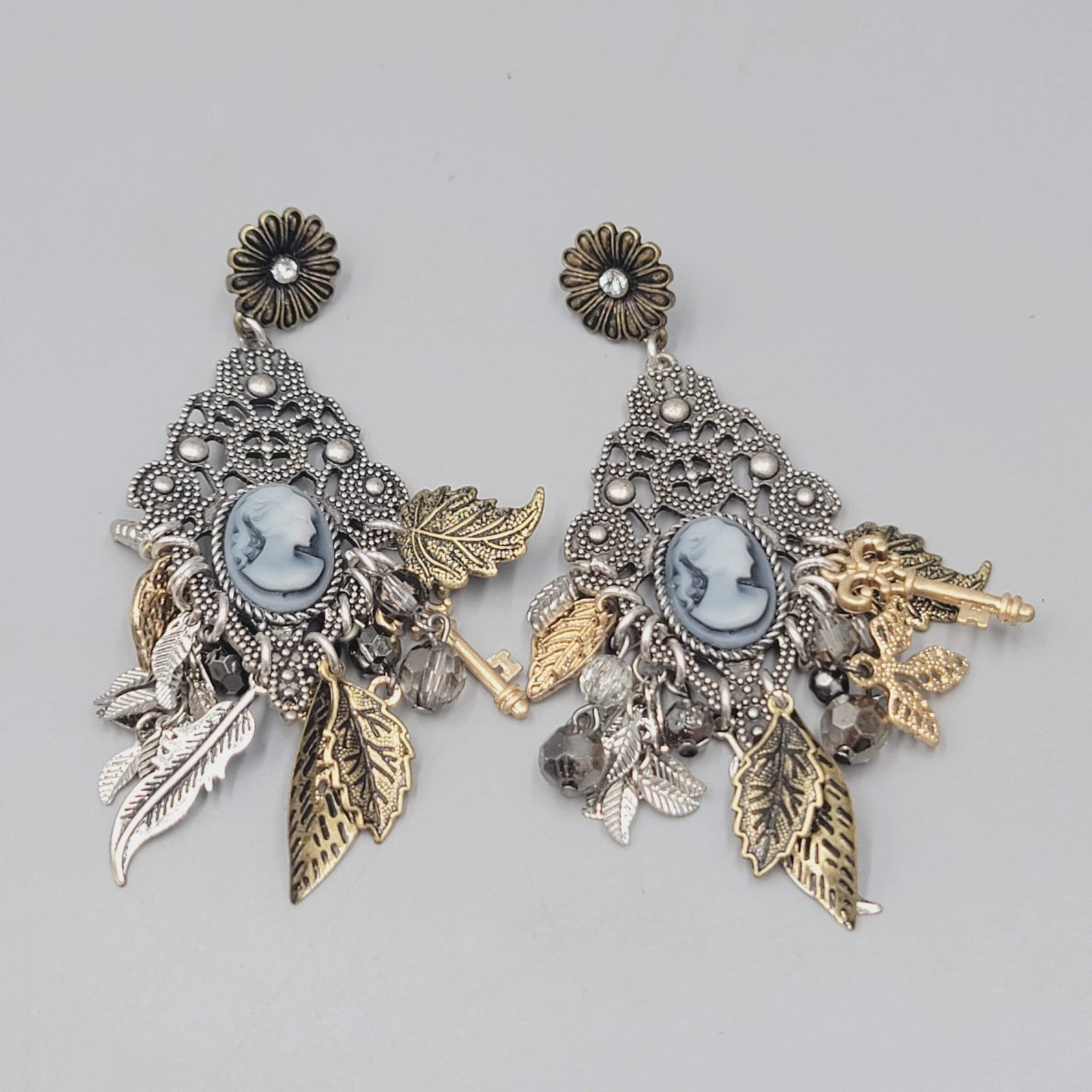 Statement Cameo Charm Pierced Earrings Tri-tone Dangle 3.75"