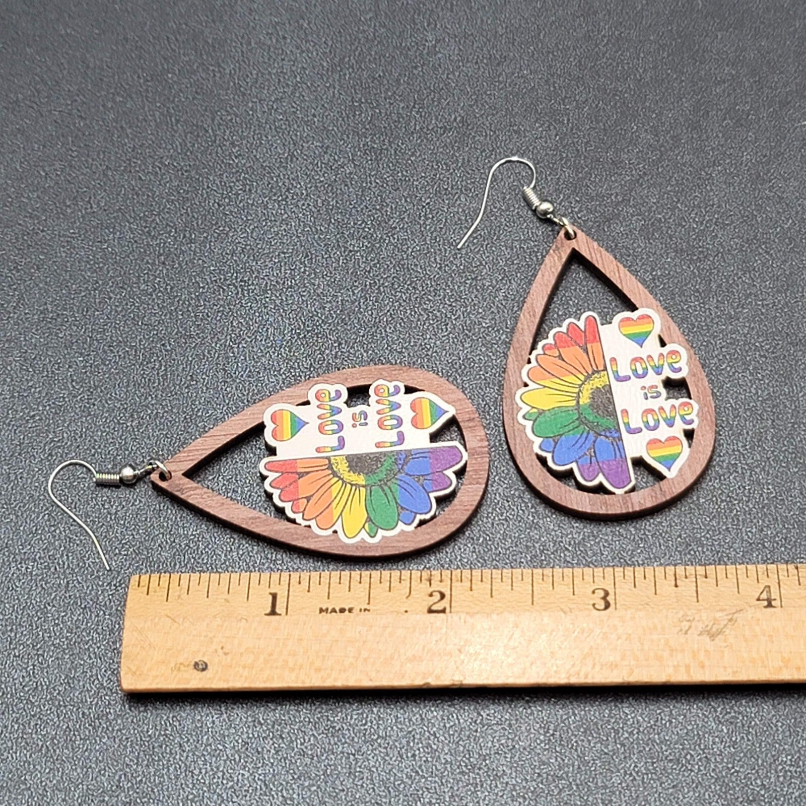 New PRIDE Love is Love Pierced Earrings Rainbow Wood Teardrop Dangle 2.25"
