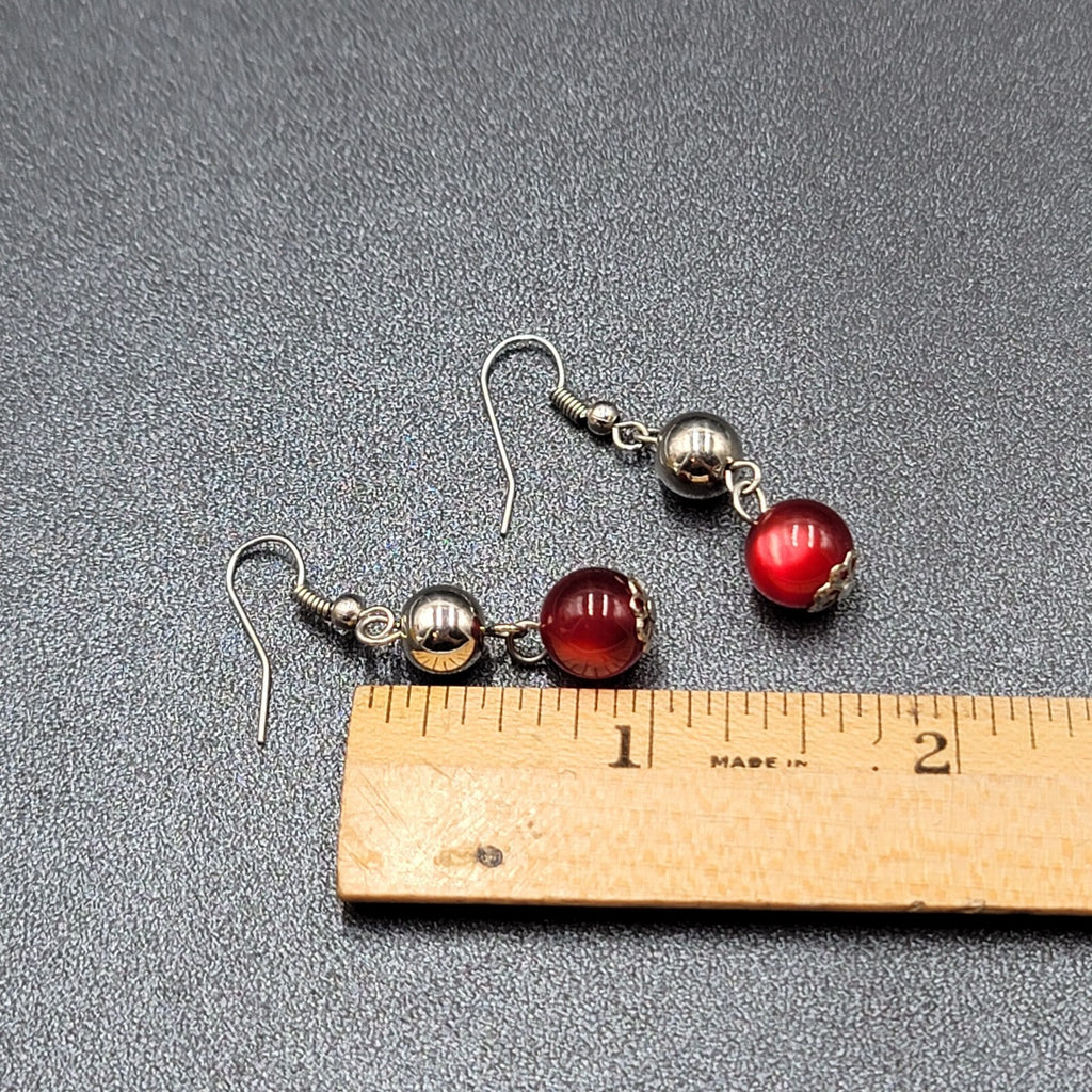 Pierced Earrings Silver tone Bead Red Moonglow Bead Dangle 1"