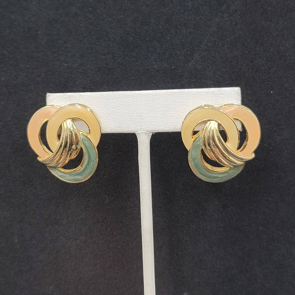 Vintage Pierced Earrings Tan Pink Green Swirl Enamel Gold tone Drop 1 1/8"