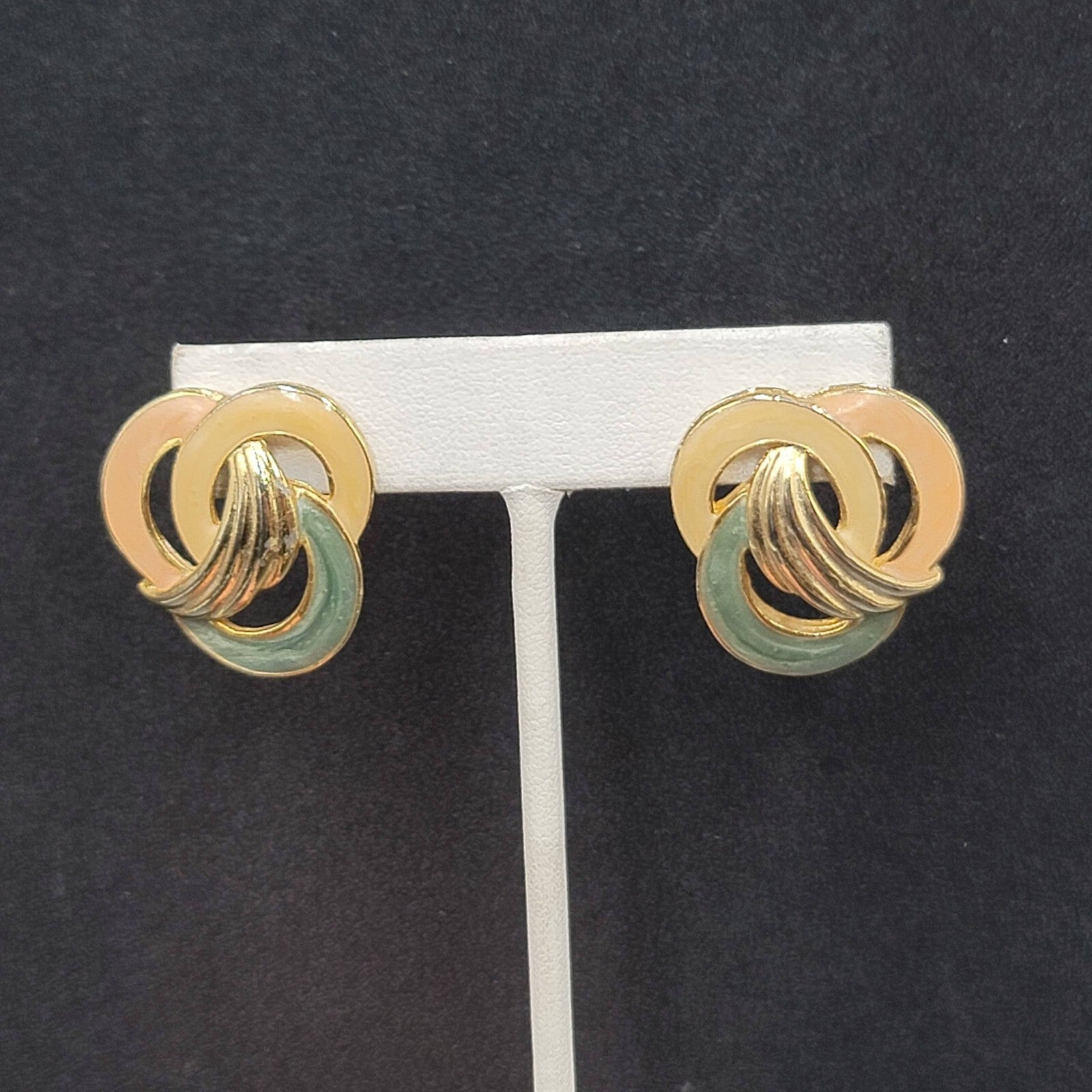 Vintage Pierced Earrings Tan Pink Green Swirl Enamel Gold tone Drop 1 1/8"