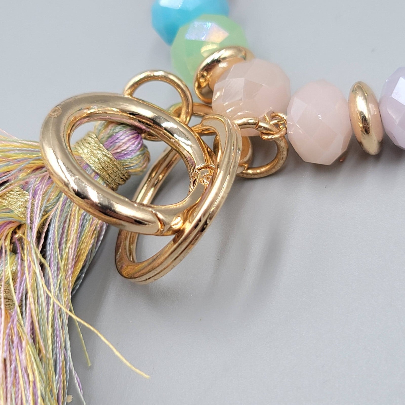 Pastel Color Faceted Glass Bead Bangle Bracelet Wristlet Key Rings Keychain