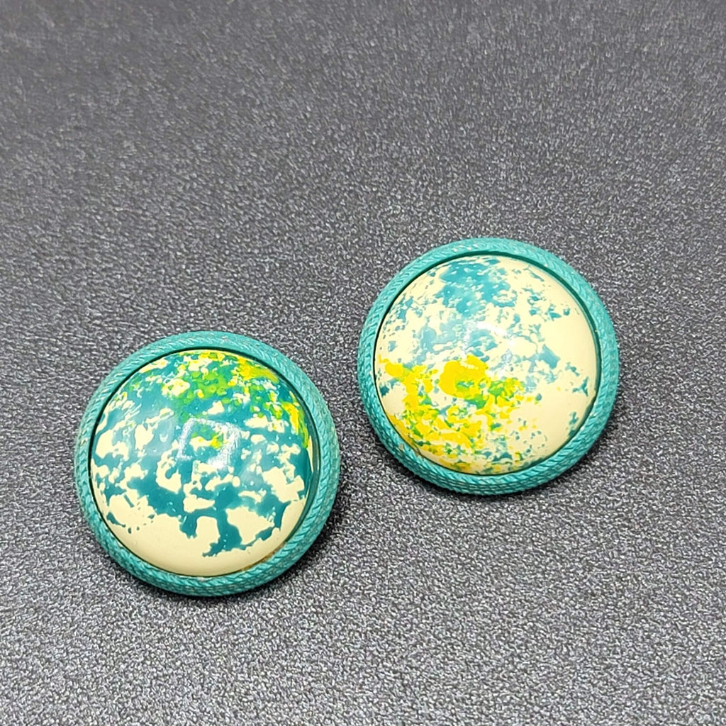 Vintage Clip on Earrings Round Dome Blue Green Yellow Speckle Studs 1" Hong Kong