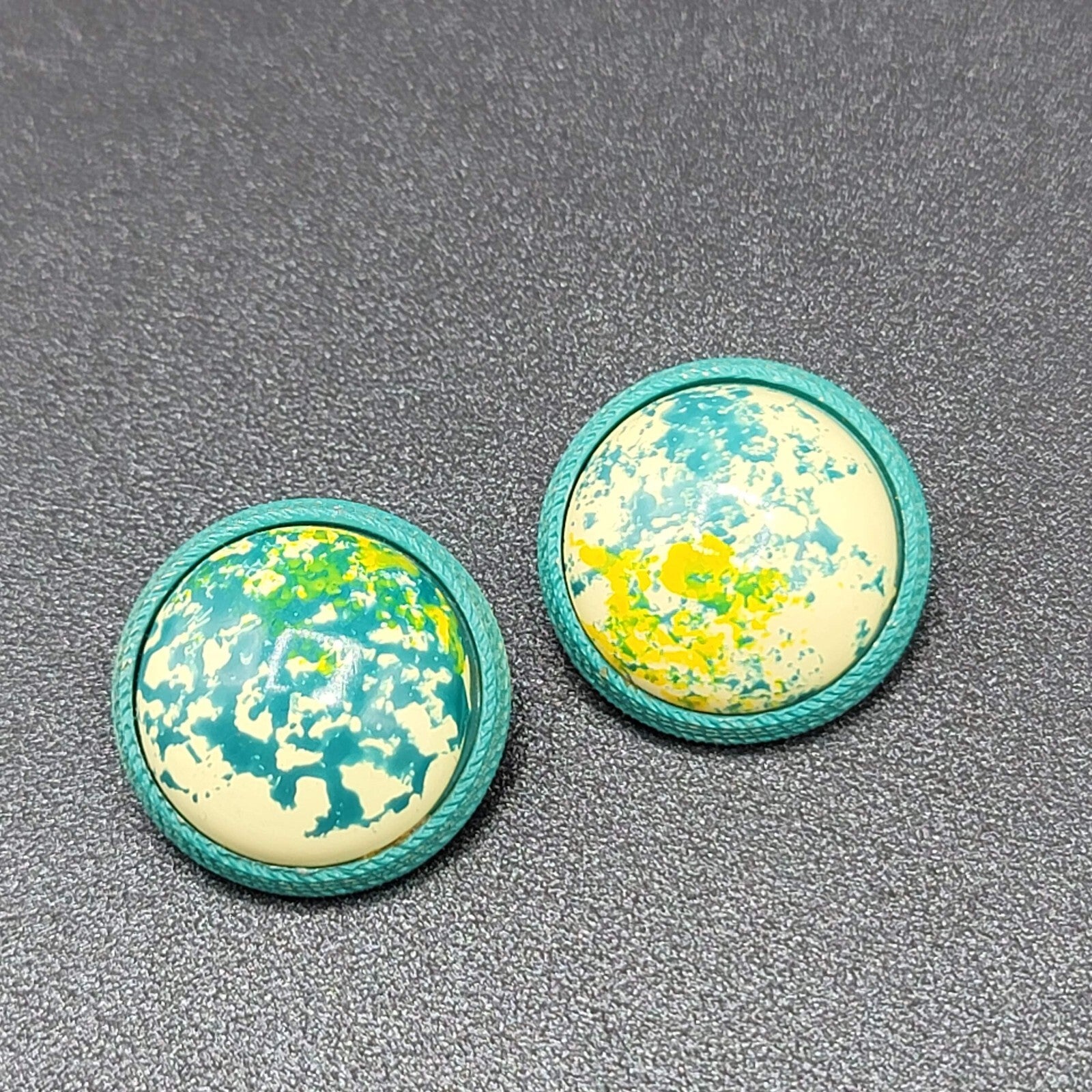 Vintage Clip on Earrings Round Dome Blue Green Yellow Speckle Studs 1" Hong Kong
