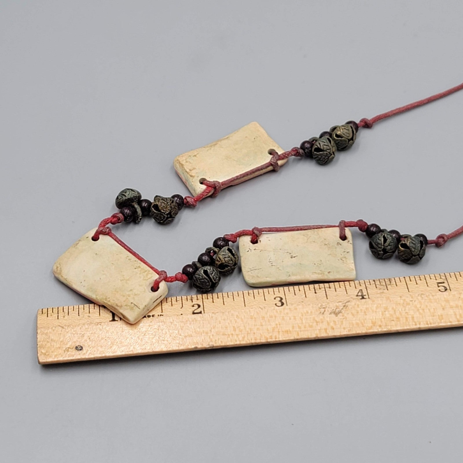 Artisan Necklace Handmade Art Pottery Bells Hand Knotted Cord 16"-18"