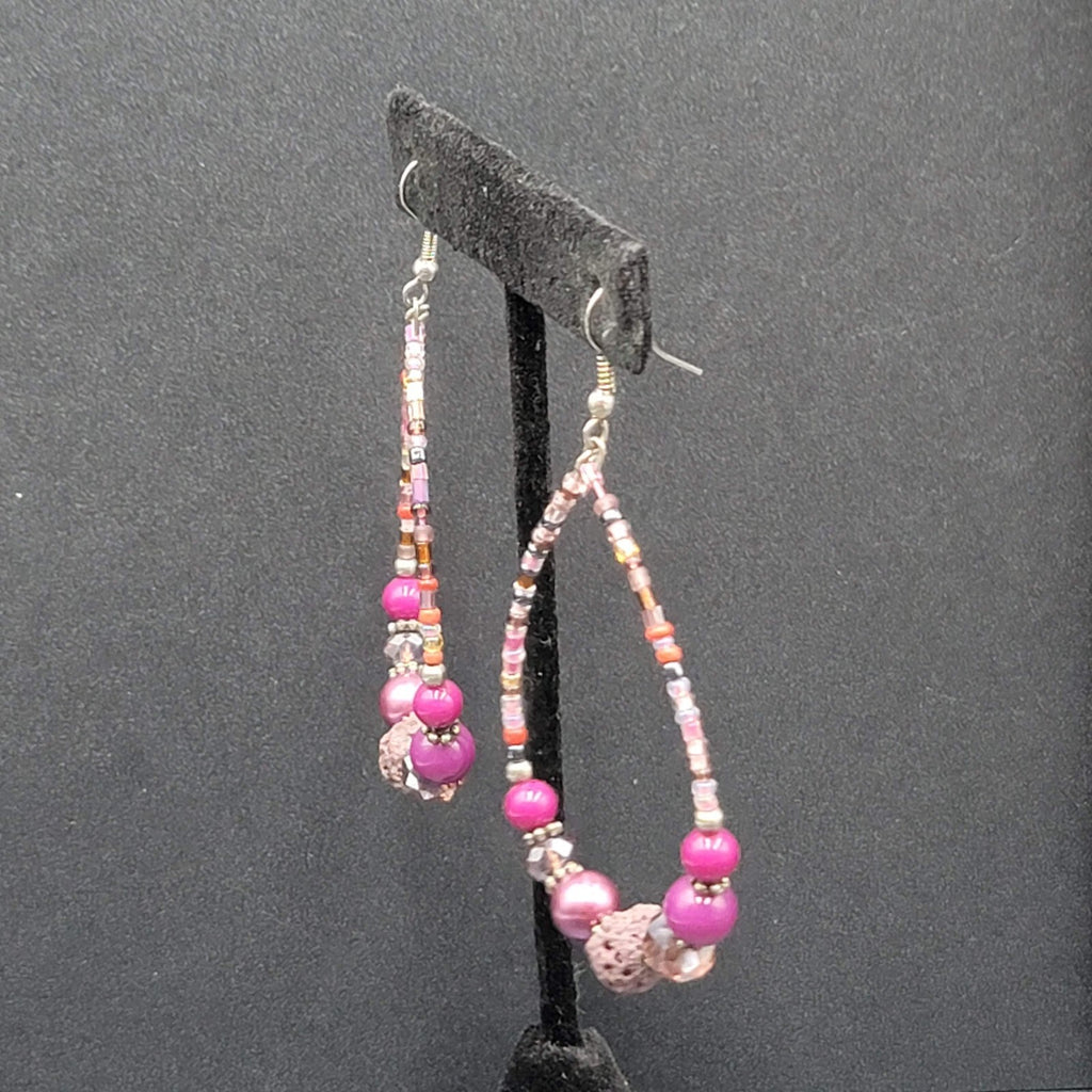 Pierced Earrings Purple Beaded Teardrop Hoops  2.5"