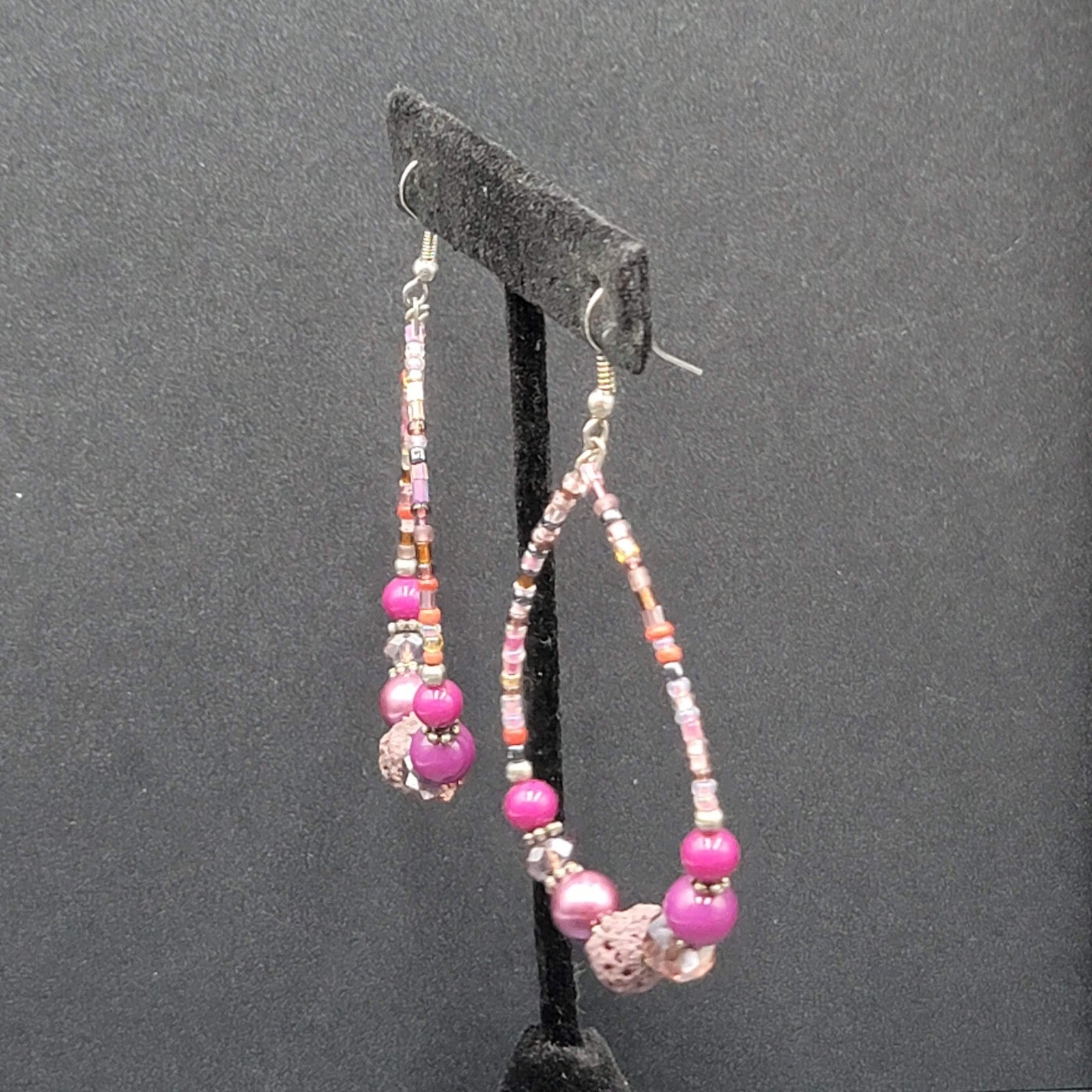 Pierced Earrings Purple Beaded Teardrop Hoops  2.5"