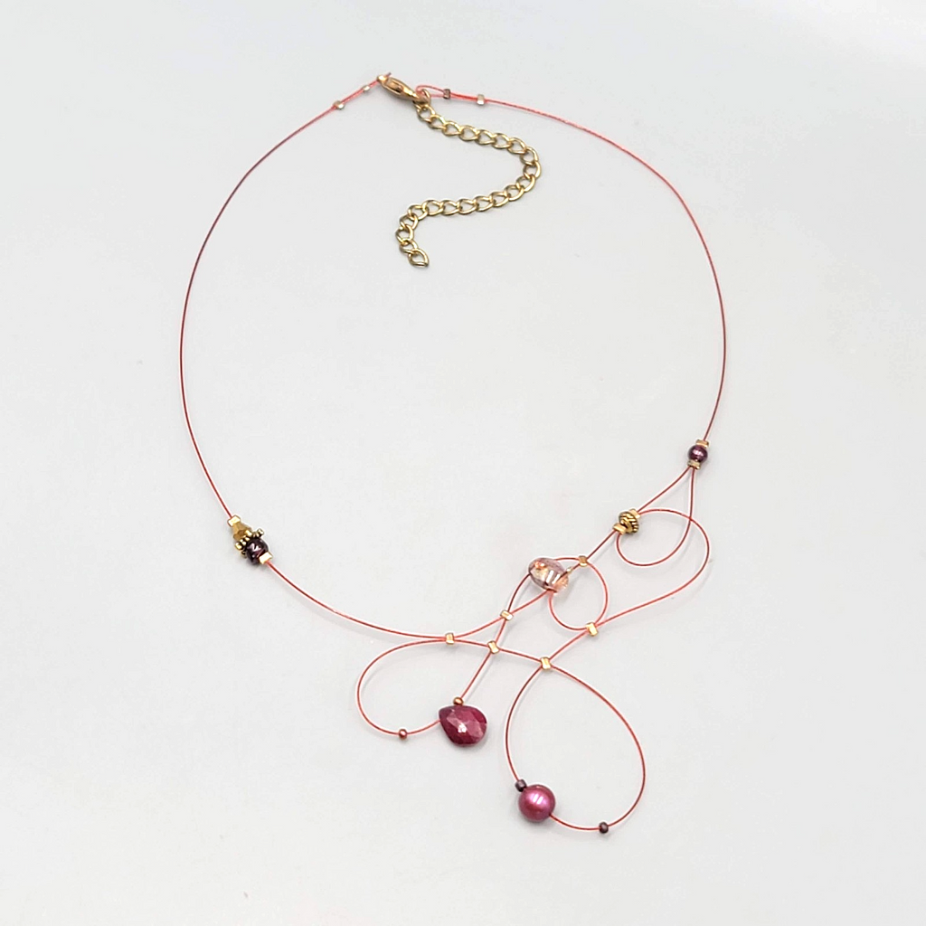 Red Modernist Bead Necklace Twist Cord 16"-18"