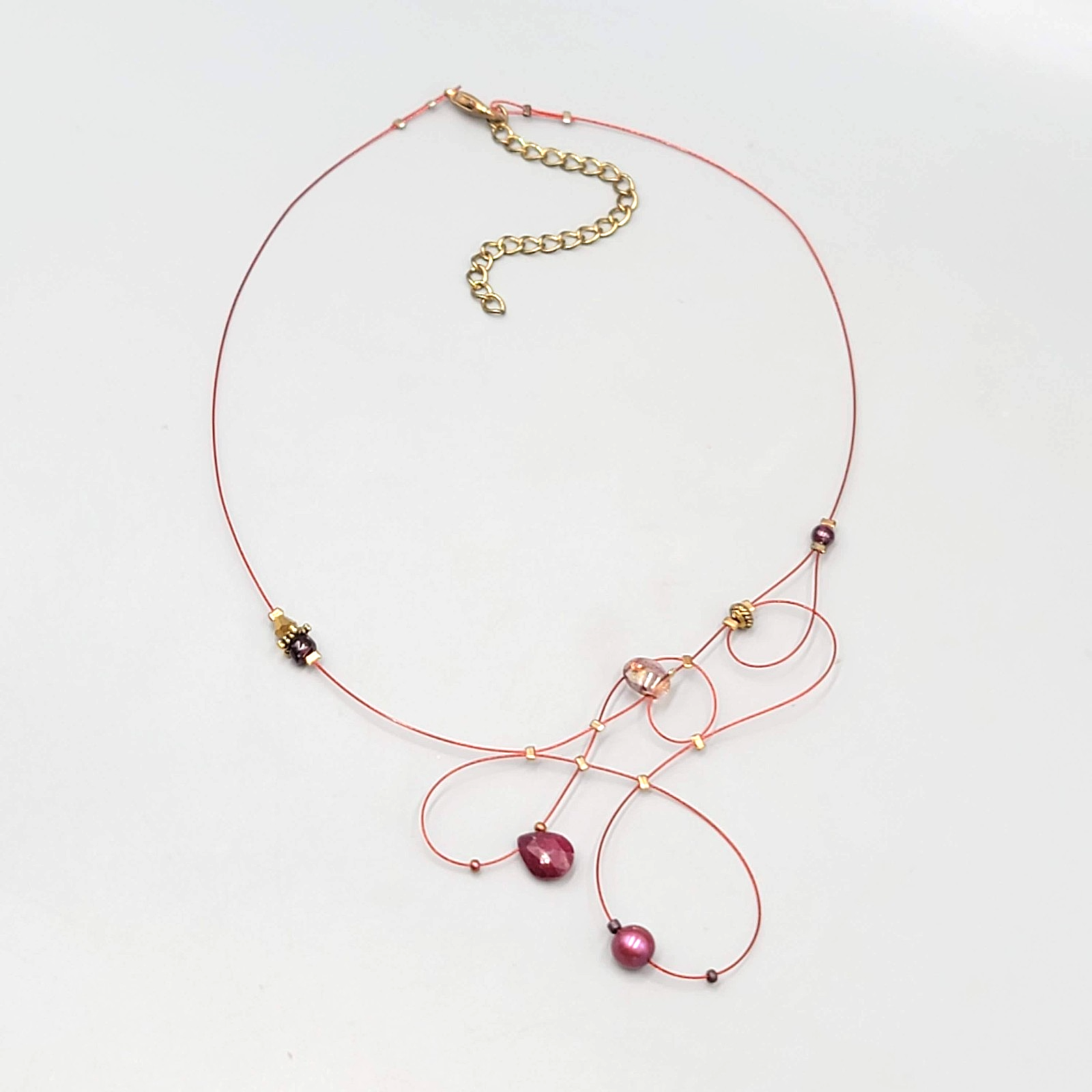 Red Modernist Bead Necklace Twist Cord 16"-18"