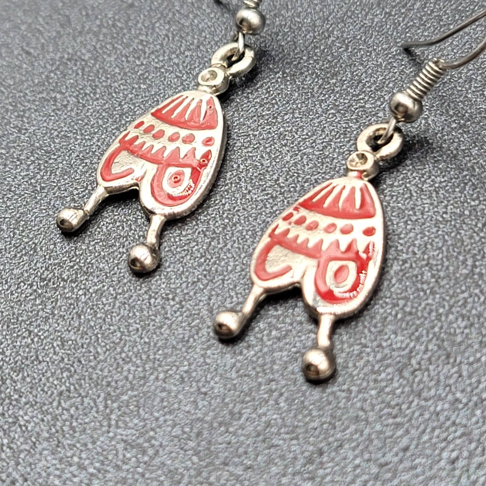 Pierced Earrings Silver tone Red Enamel Winter Hat Dangle 1 1/8"