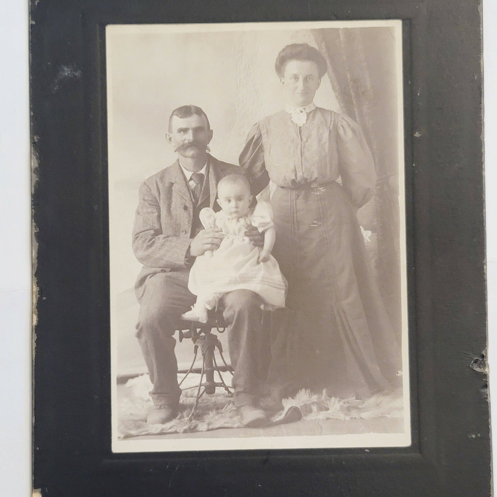 Antique Cabinet Card Photo Family Mustache Baby Smiles