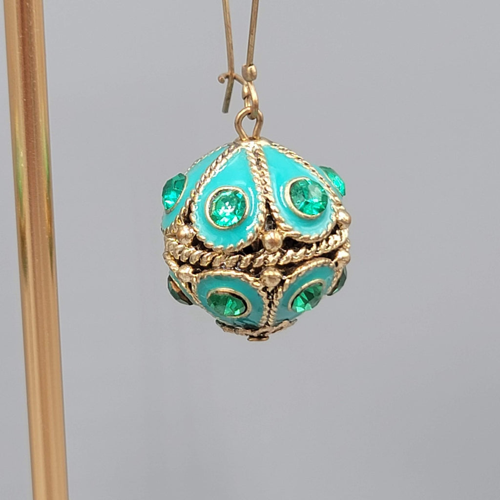 Green Rhinestone Blue Enamel Boho Pierced Earrings Gold tone Dangle 2.5 in