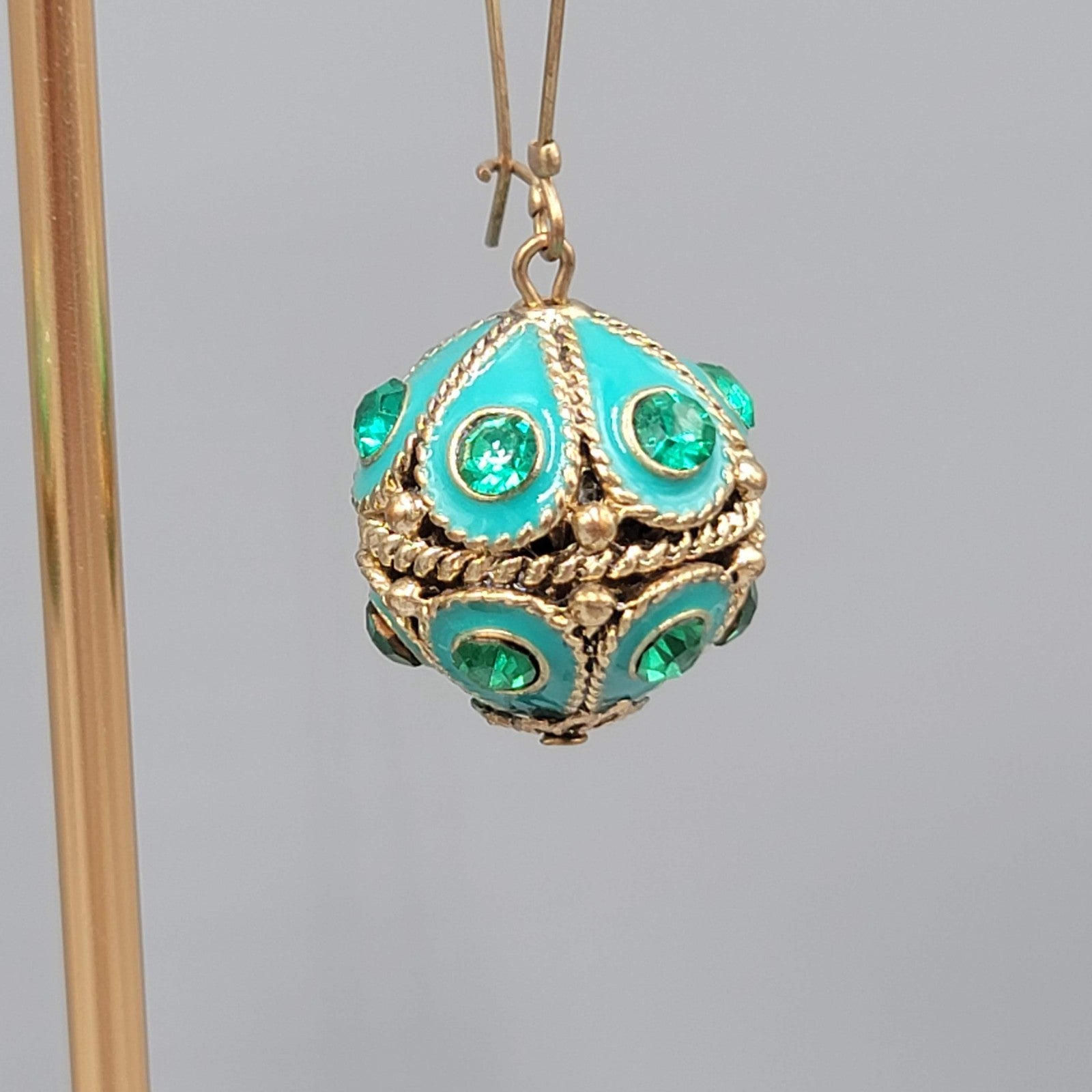 Green Rhinestone Blue Enamel Boho Pierced Earrings Gold tone Dangle 2.5 in