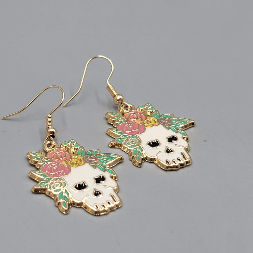 Pierced Earrings Gold tone Enamel Red Rose Moth Dangle 1 1/8"