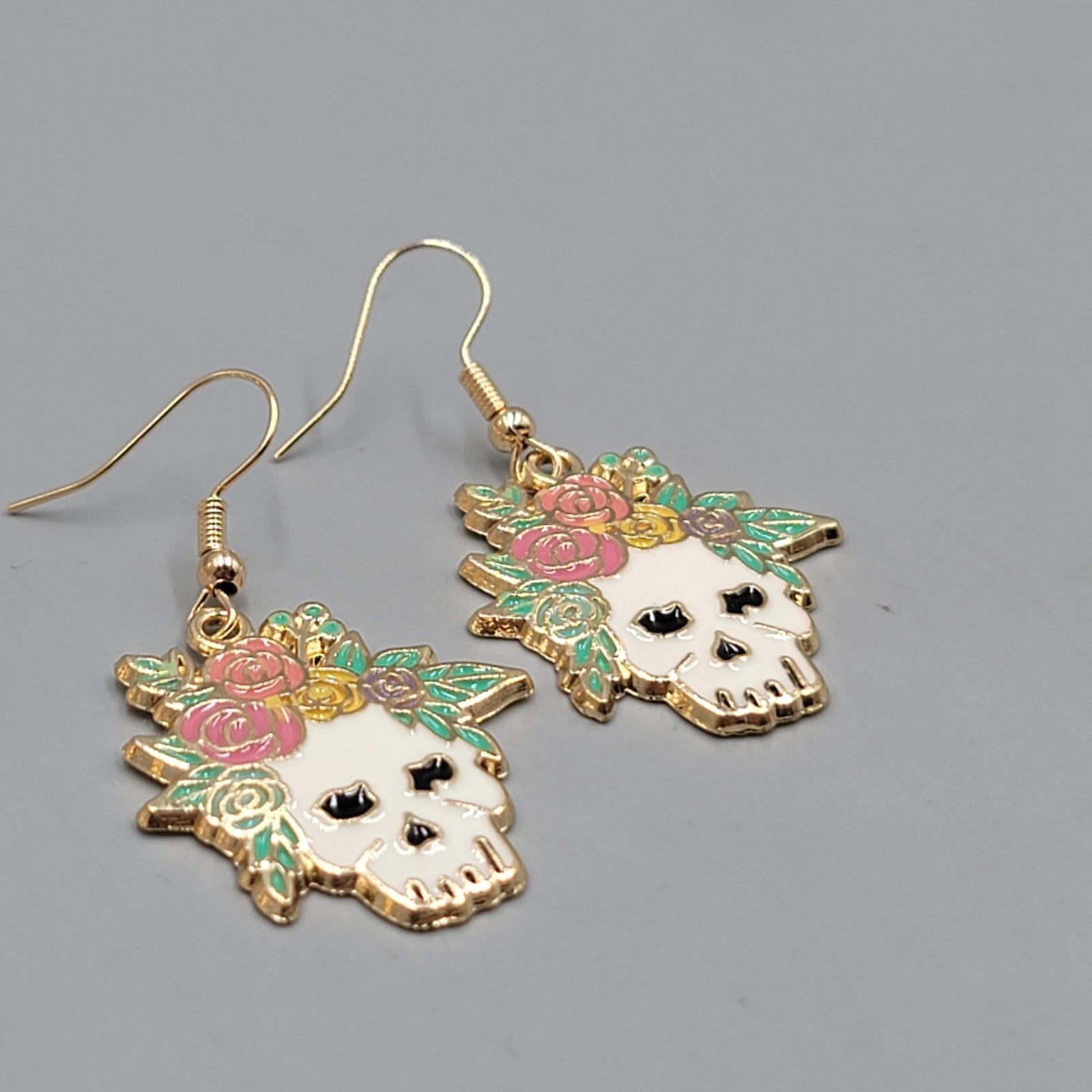 Pierced Earrings Gold tone Enamel Red Rose Moth Dangle 1 1/8"