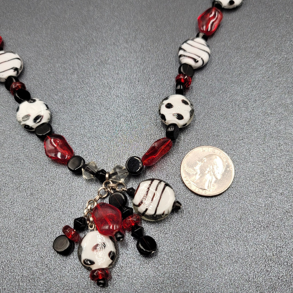 Black White Red Glass Bead Statement Necklace 26 in Toggle Clasp