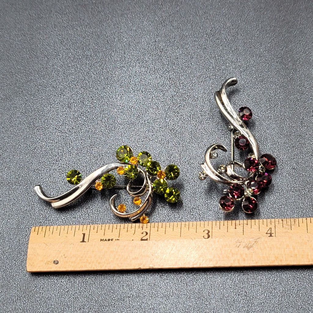 Vintage Brooch Lot of 2 Silver tone Green Purple Crystal Rhinestone 2.5"