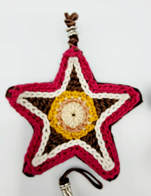 Crochet Knit Star Ornaments Lot of 4 Multi color Felt Back Leather hanger 4 in