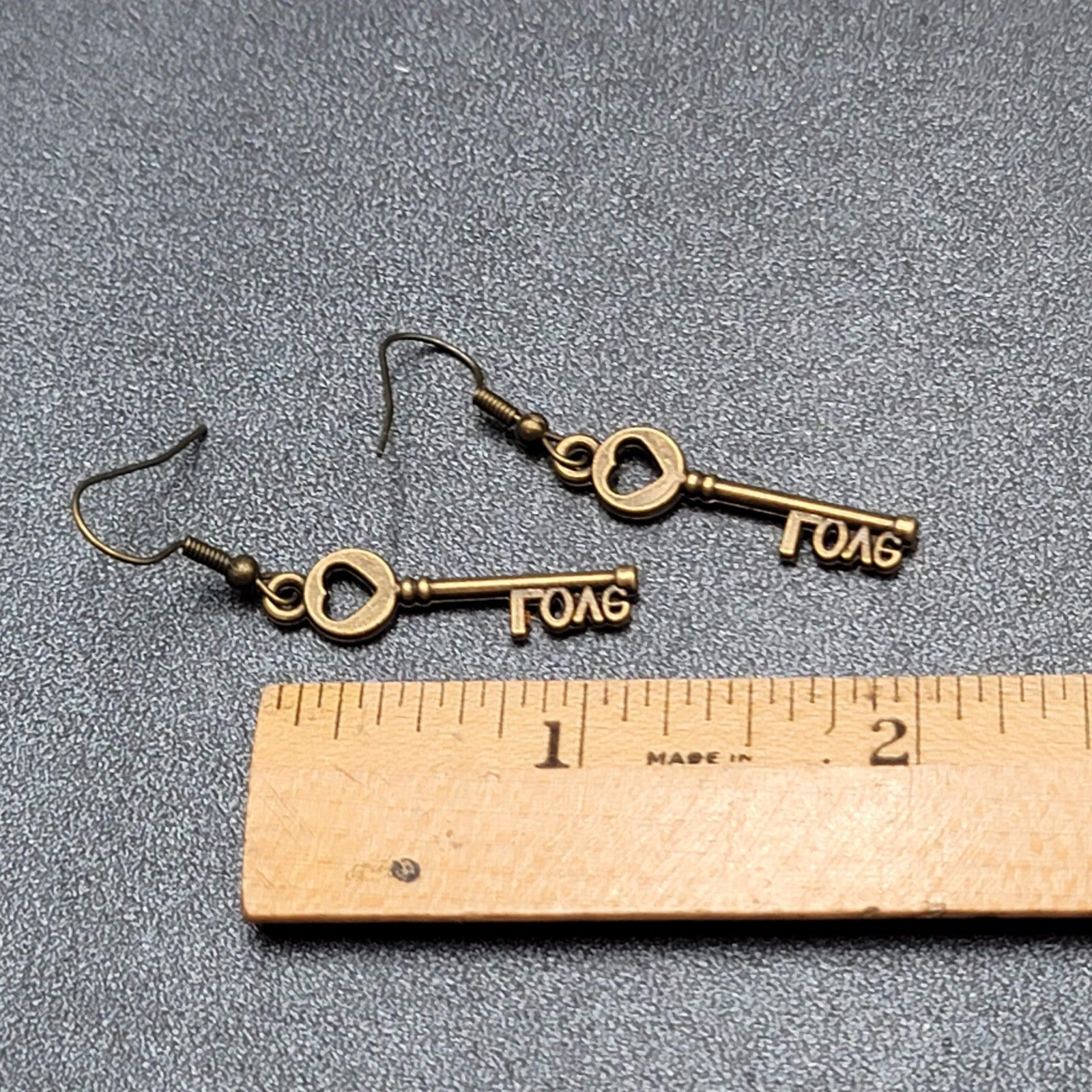 NEW Skeleton Key Pierced Earrings Bronze tone LOVE Dangle 1.25"