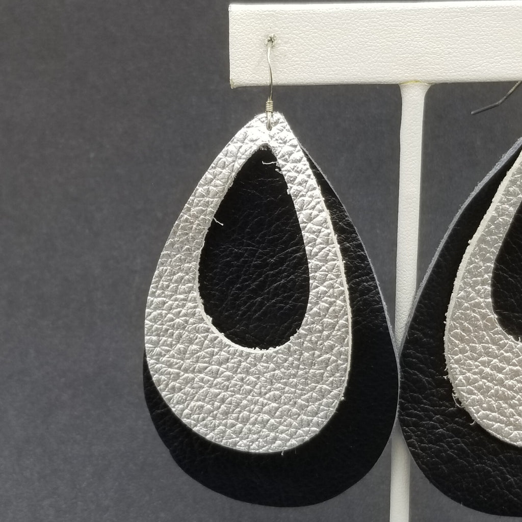 Pierced Earrings Sterling Silver Leather Teardrop Light weight Dangle 3 1/4"