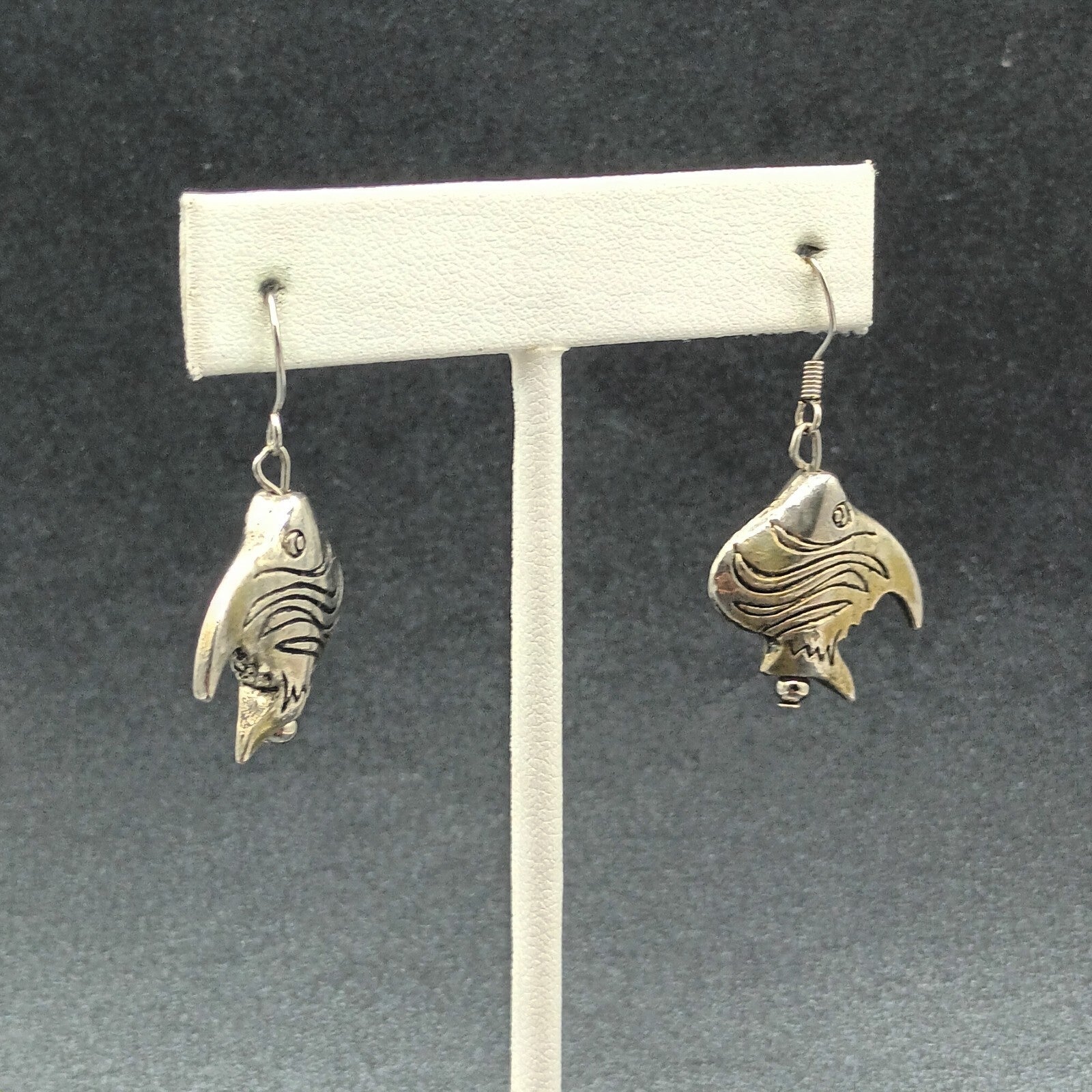Vintage Pierced Earrings Silver tone Angel Fish Bead Statement Dangle 7/8"