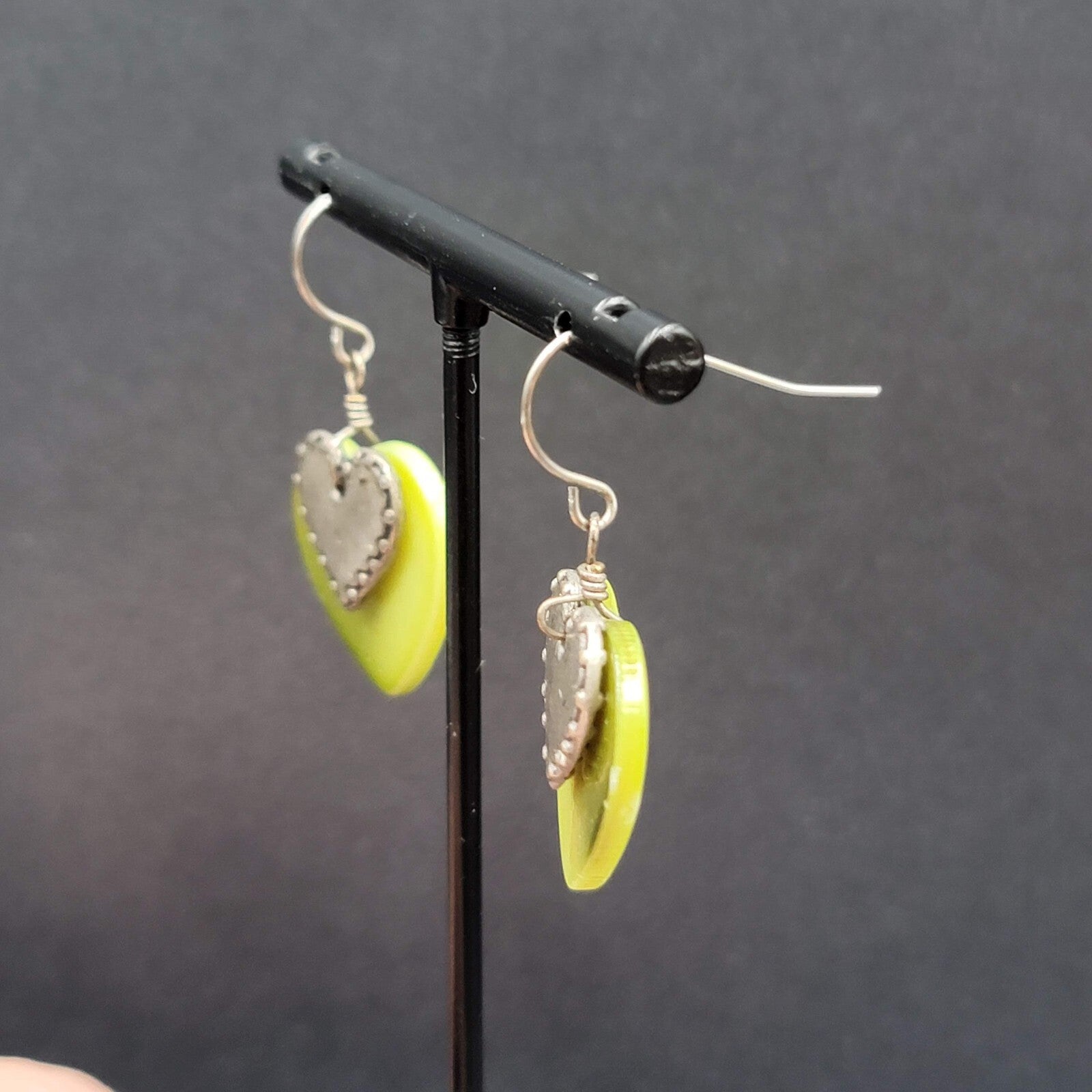 Vintage Heart Pierced Earrings Green Shell Silver tone Layered Dangle 3/4"