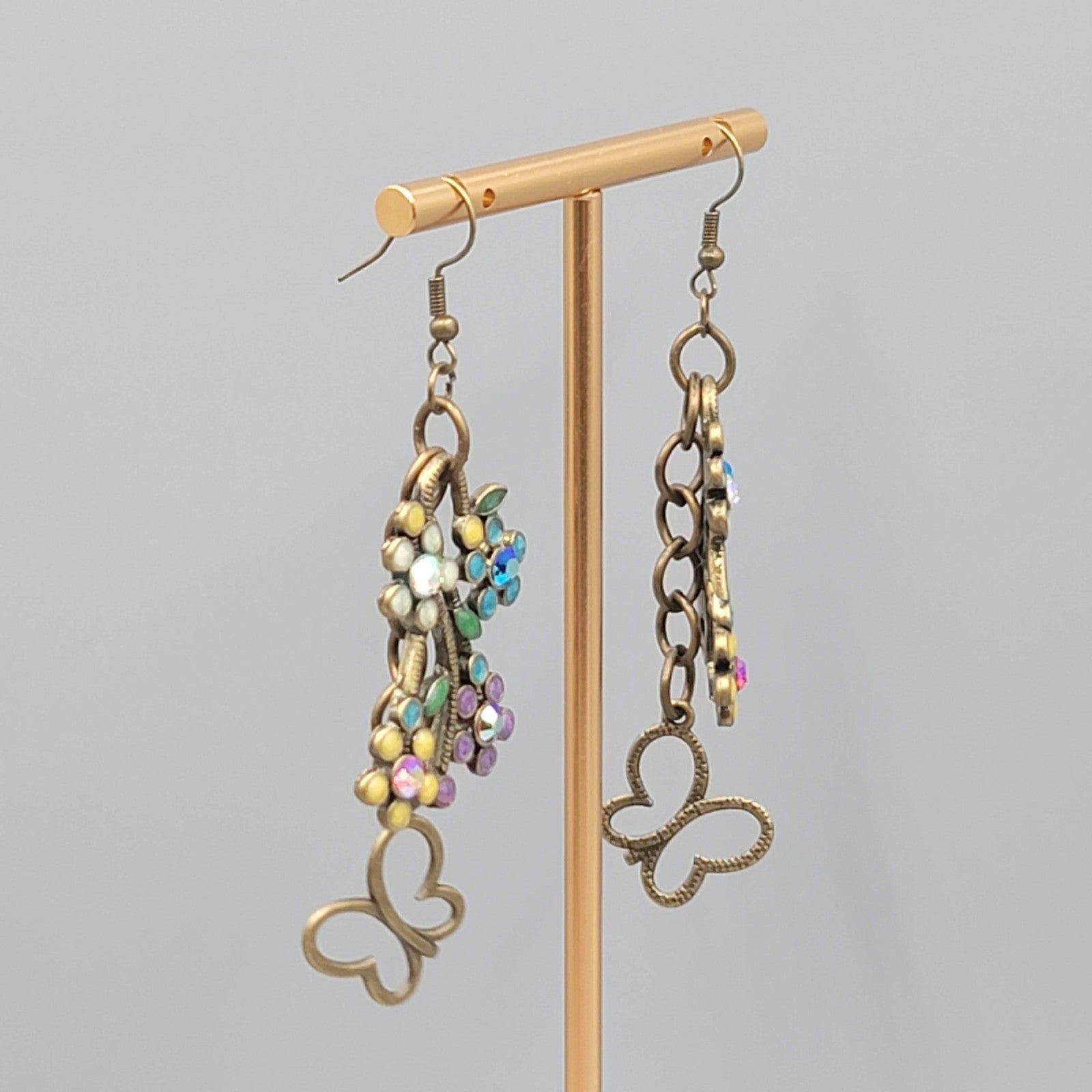 Multicolor Rhinestone Butterfly Pierced Earrings Bronze toen Dangle 2.5 in