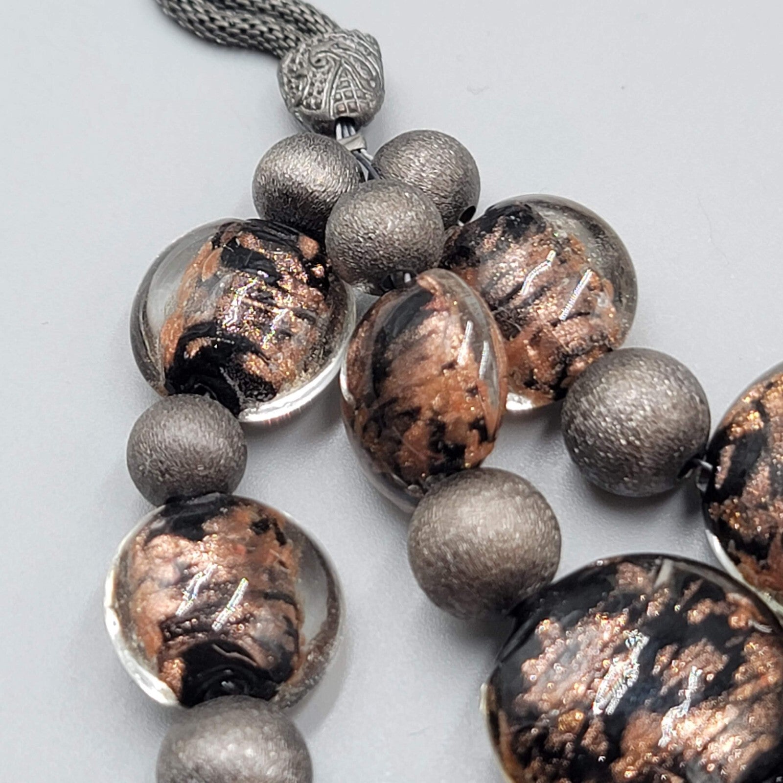 Chicos Necklace Gunmetal Gray Mesh Brown Dichroic Glass Beads 18"