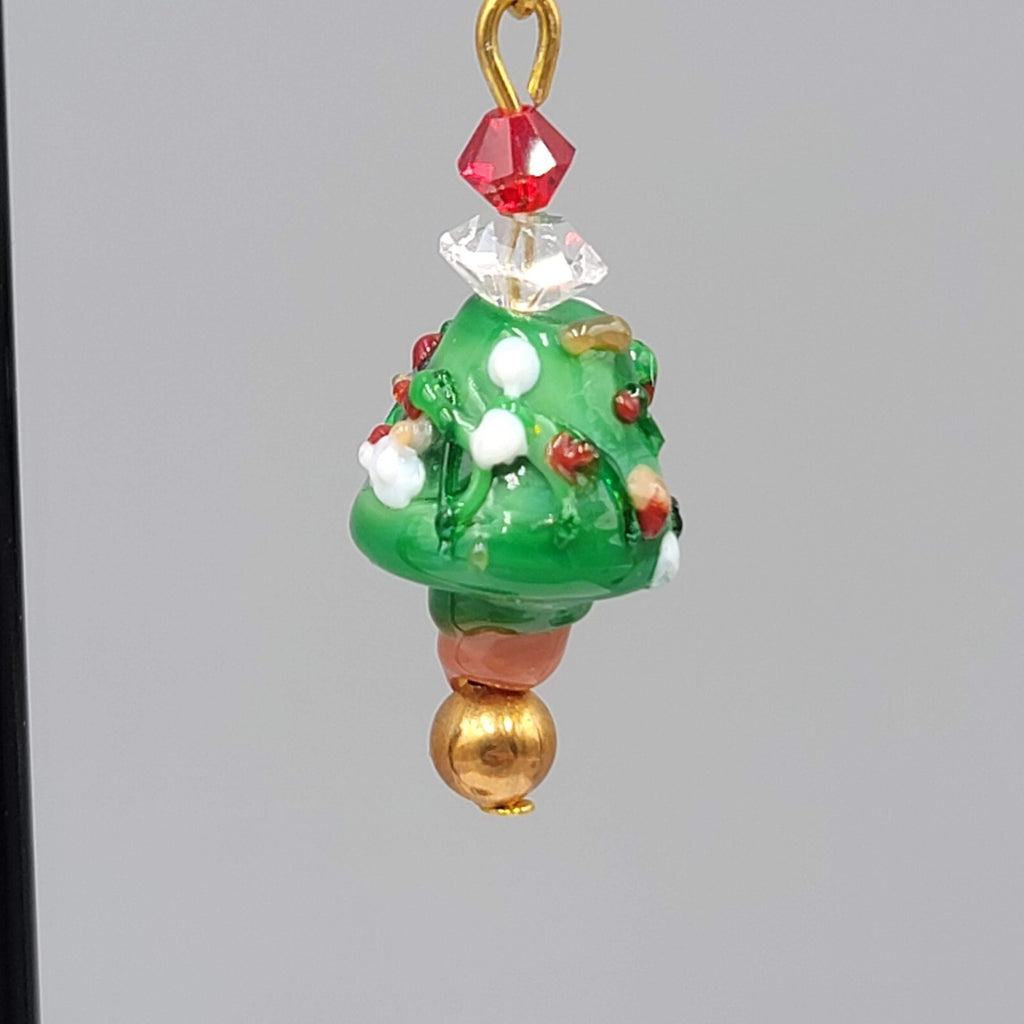 Christmas Tree Pierced Earrings Art Glass Bead Dangle 1.25"