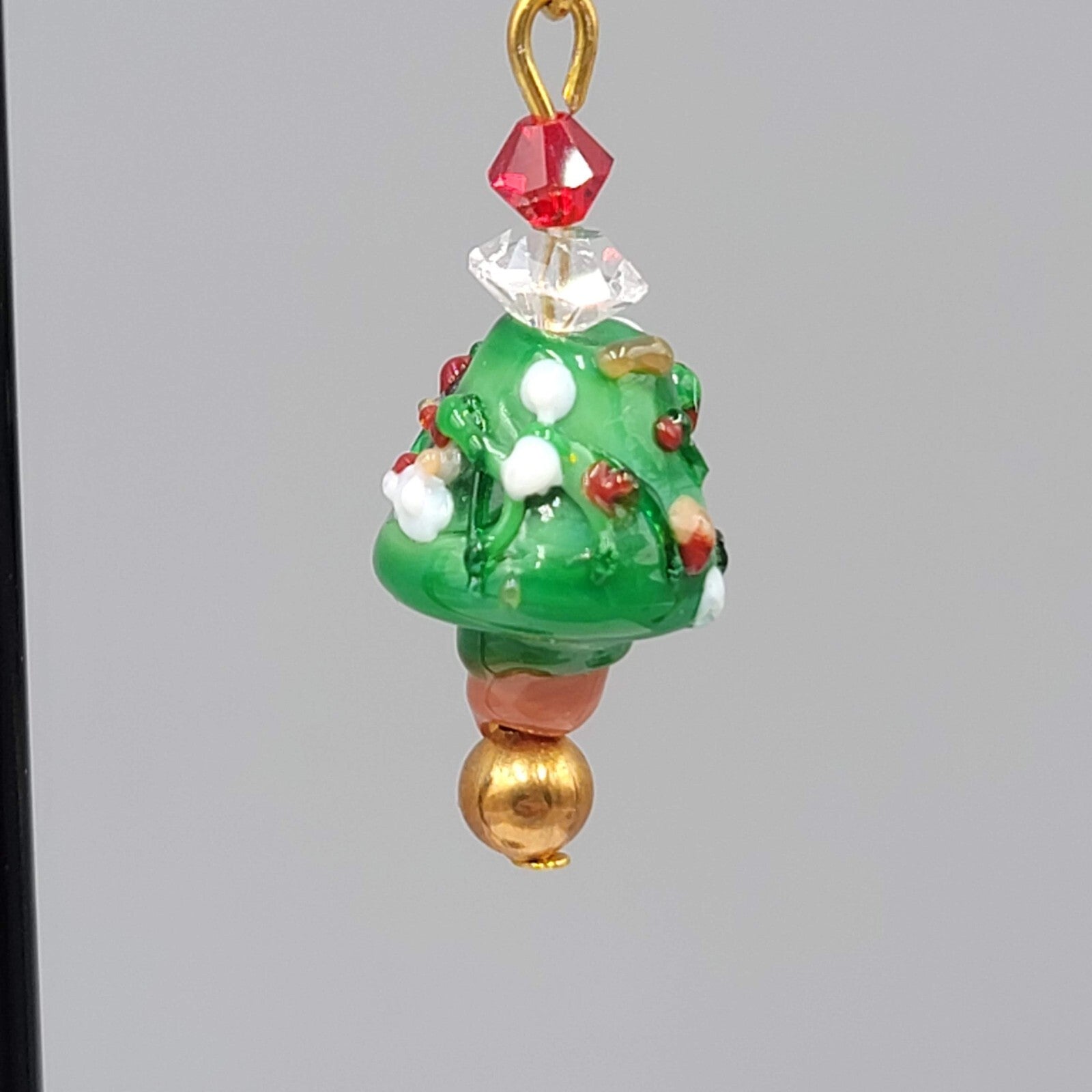 Christmas Tree Pierced Earrings Art Glass Bead Dangle 1.25"