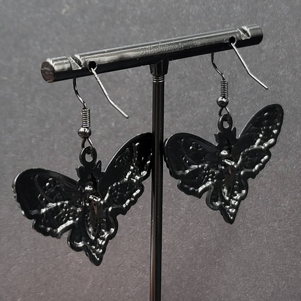 Death Head Moth Pierced Earrings Black Enamel Dangle 1" x 1 5/8" 