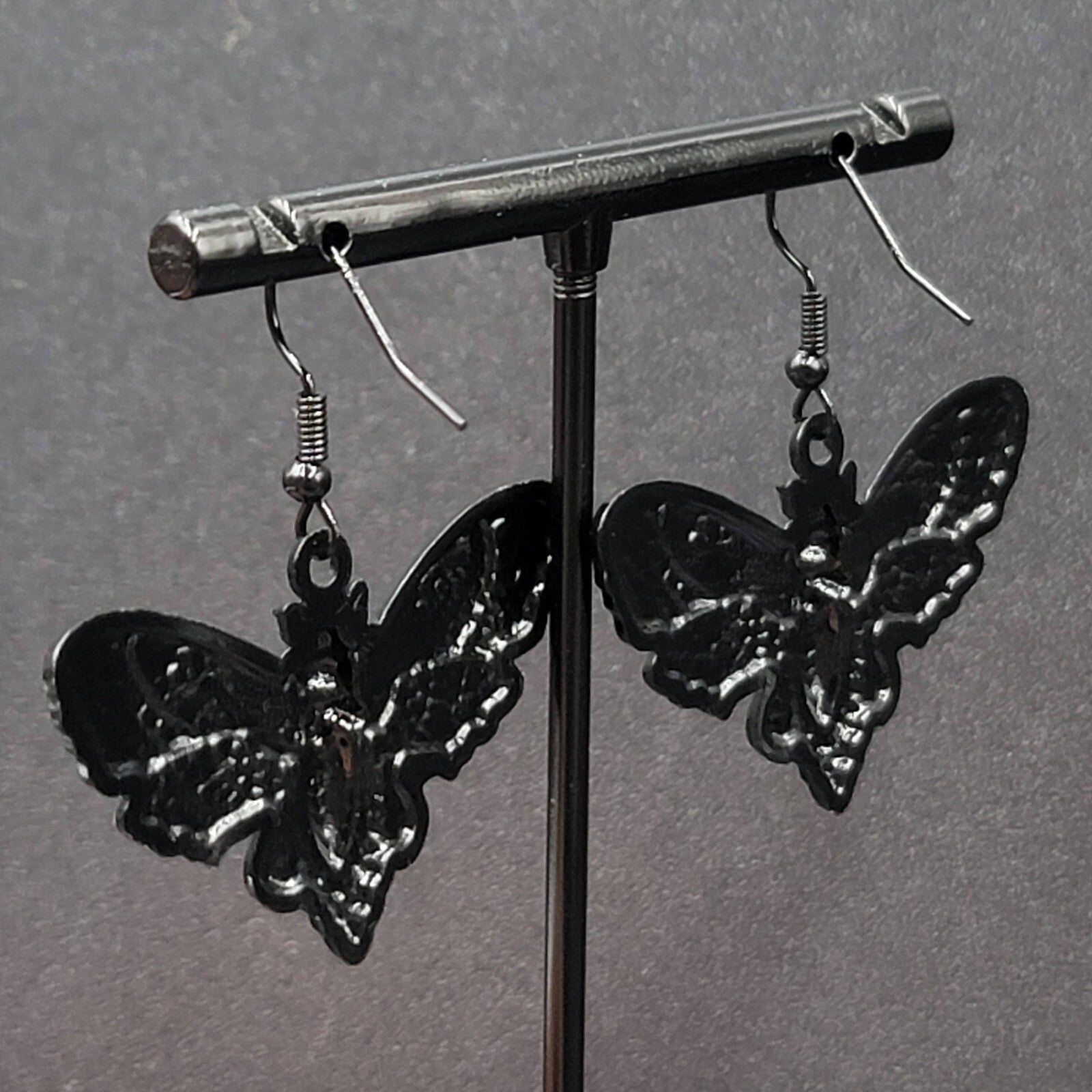 Death Head Moth Pierced Earrings Black Enamel Dangle 1" x 1 5/8" 