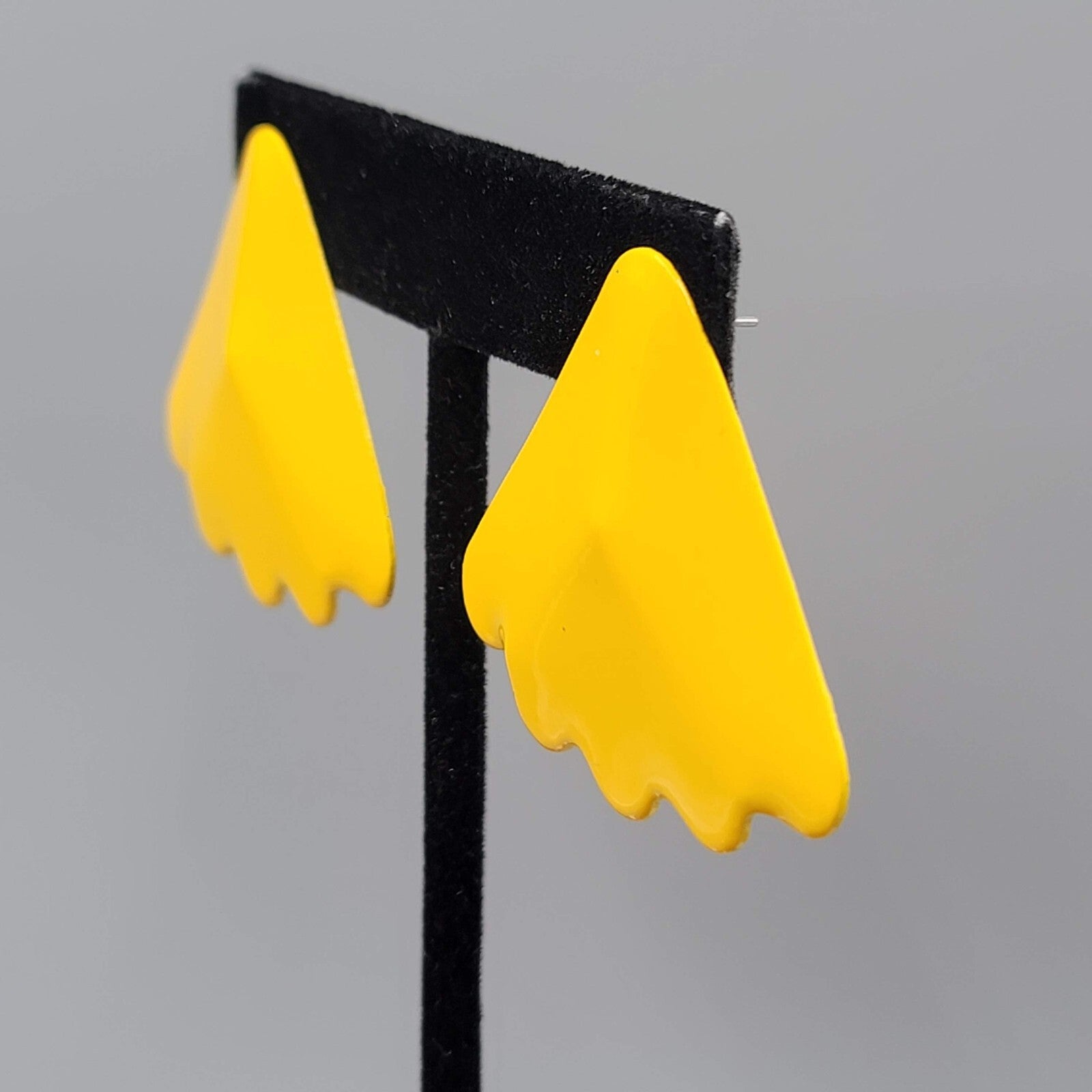 Vintage Pierced Earrings Yellow Enamel Triangle Drop Statement 80s 1.5"