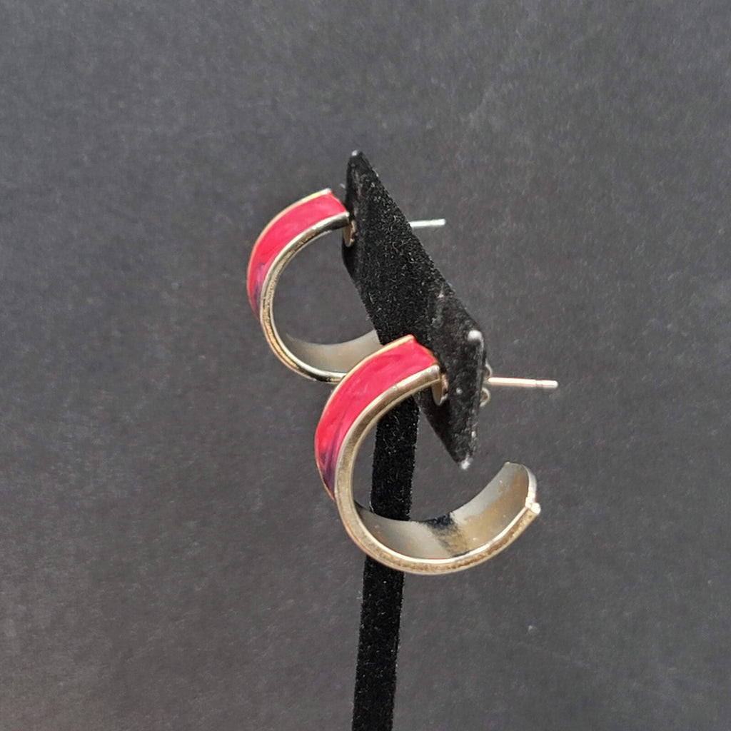 Vintage Pierced Earrings Silver tone Pink Purple Enamel Wide Hoops 3/4"