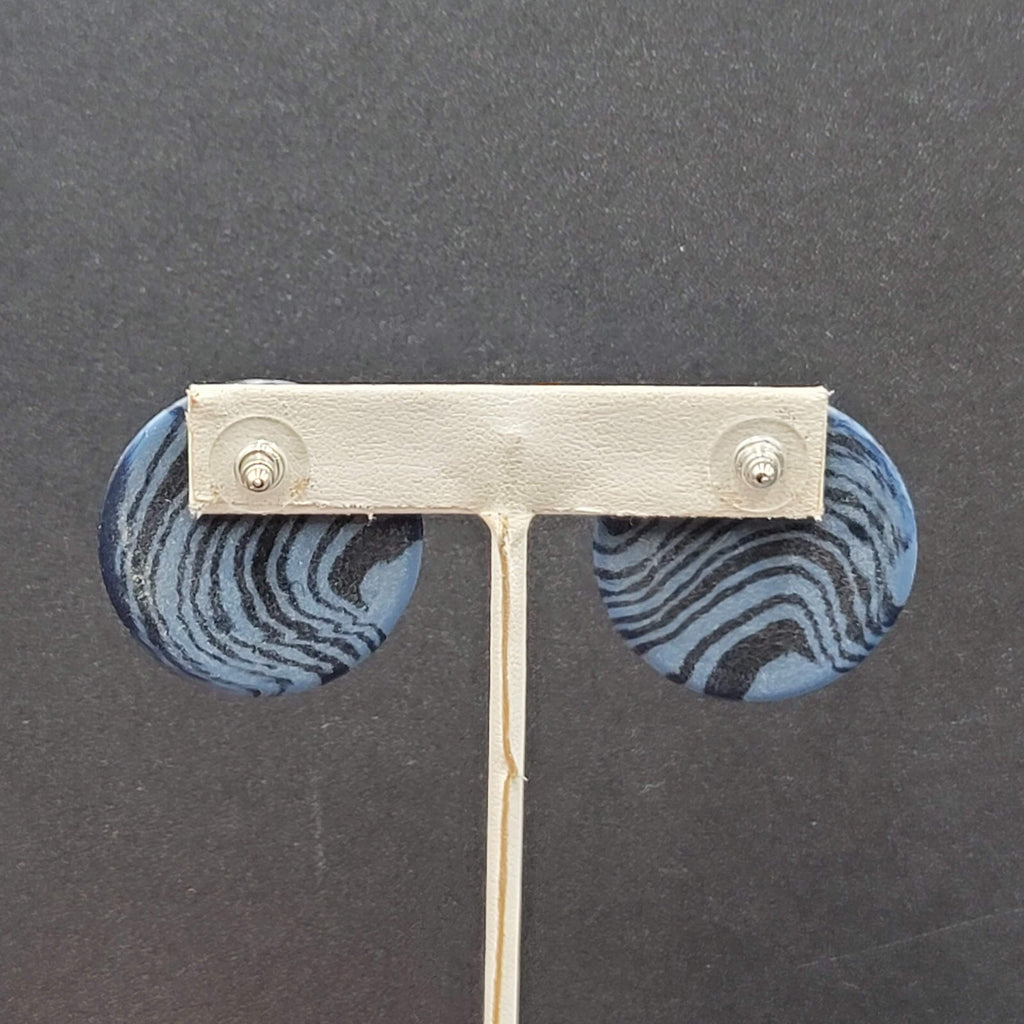 Vintage Pierced Earrings Blue Black Swirl Disc Drop 1.25"
