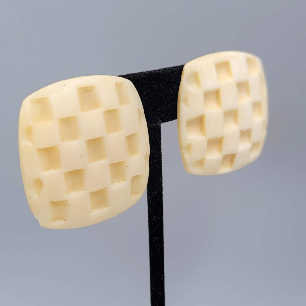 Vintage Clip on Earrings Hand Carved Checkered Square Drop 1.25"
